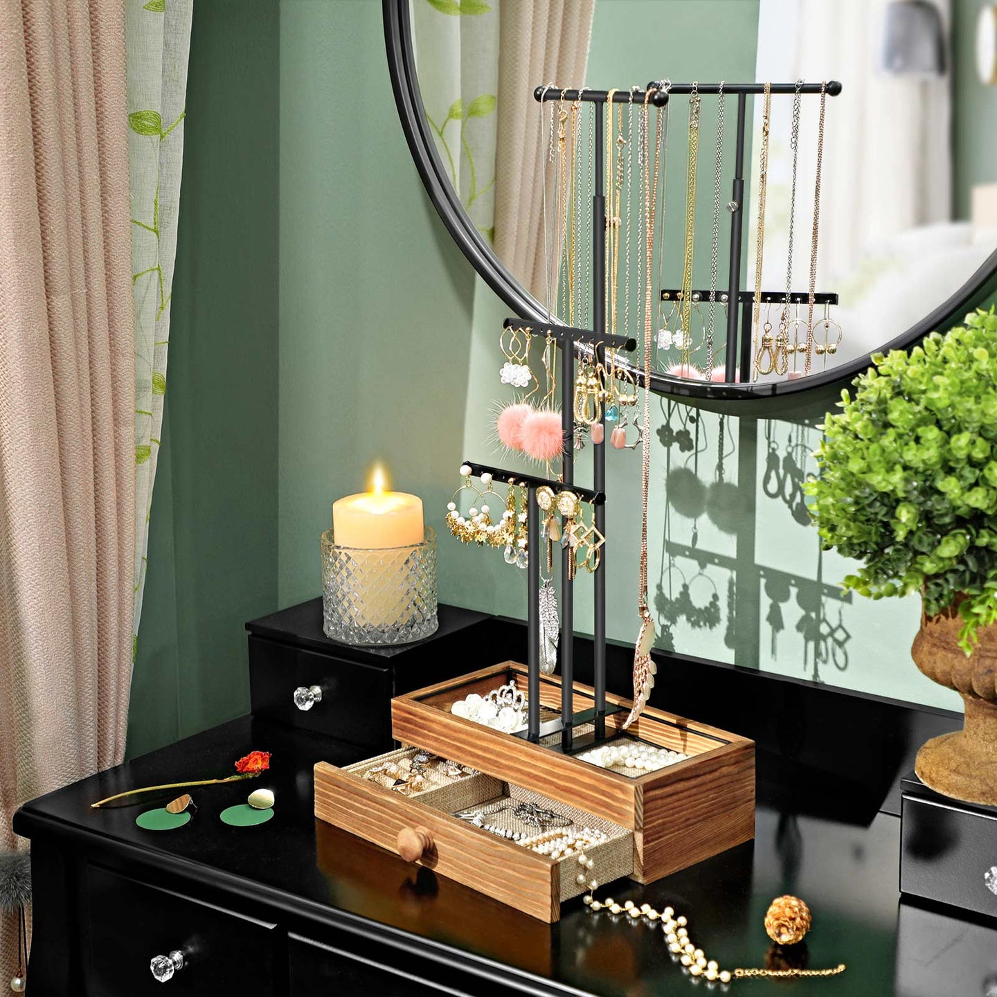 Jewellery Display Stand - Metal - Brown and Black - 2-In-1 Design with Drawer and Removable Slots