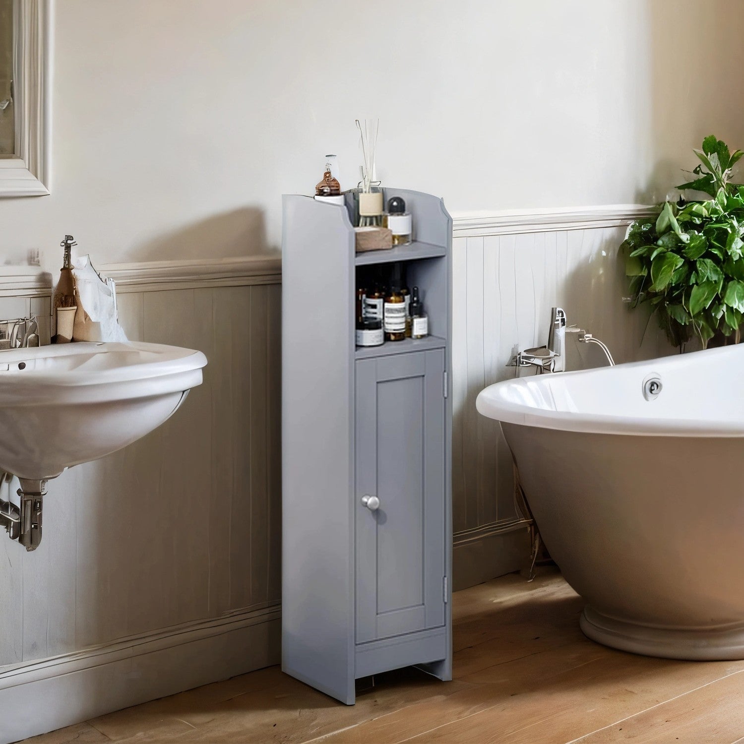 Narrow Bathroom Storage Cabinet - Wood - Dove Grey - Freestanding with Adjustable Shelves