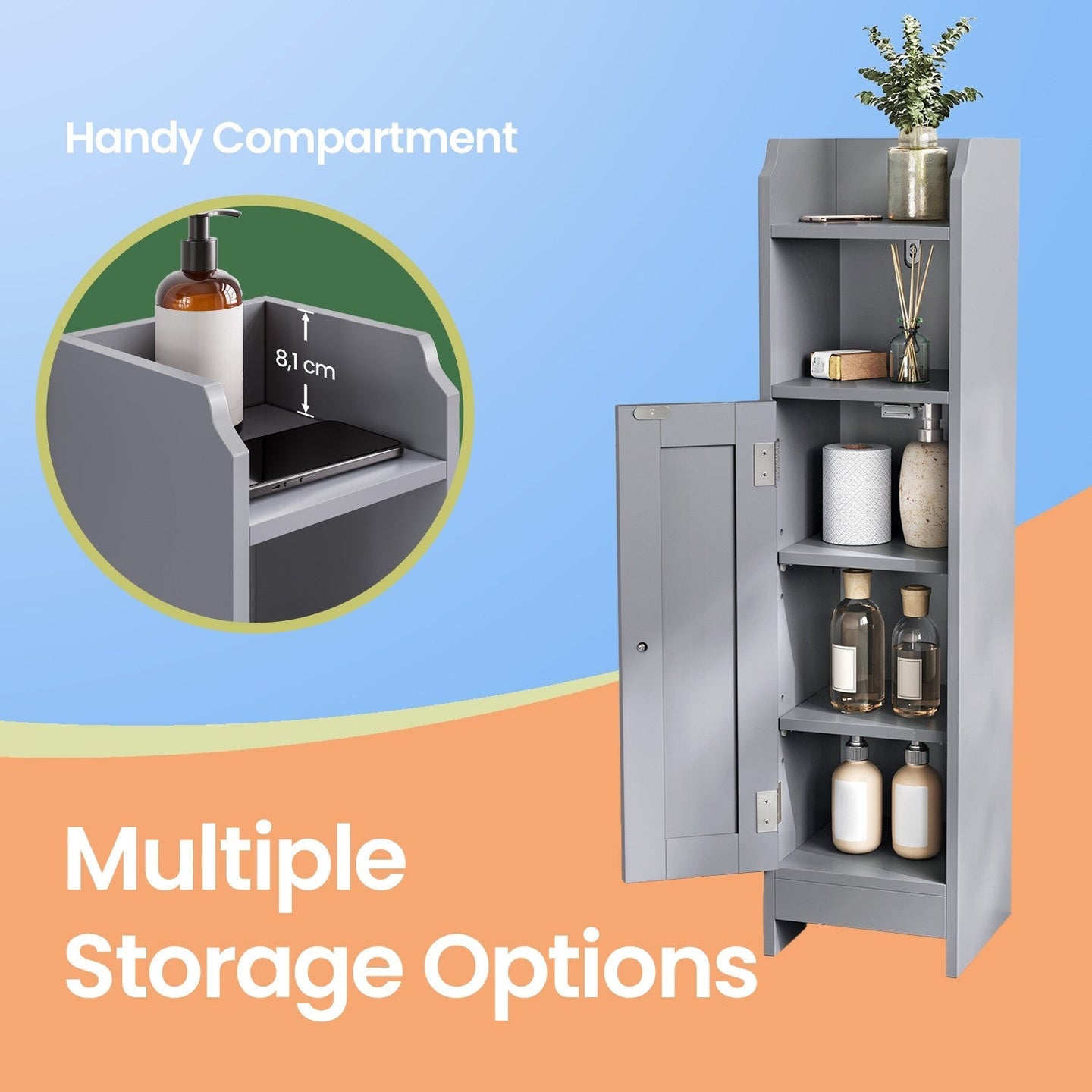 Narrow Bathroom Storage Cabinet - Wood - Dove Grey - Freestanding with Adjustable Shelves