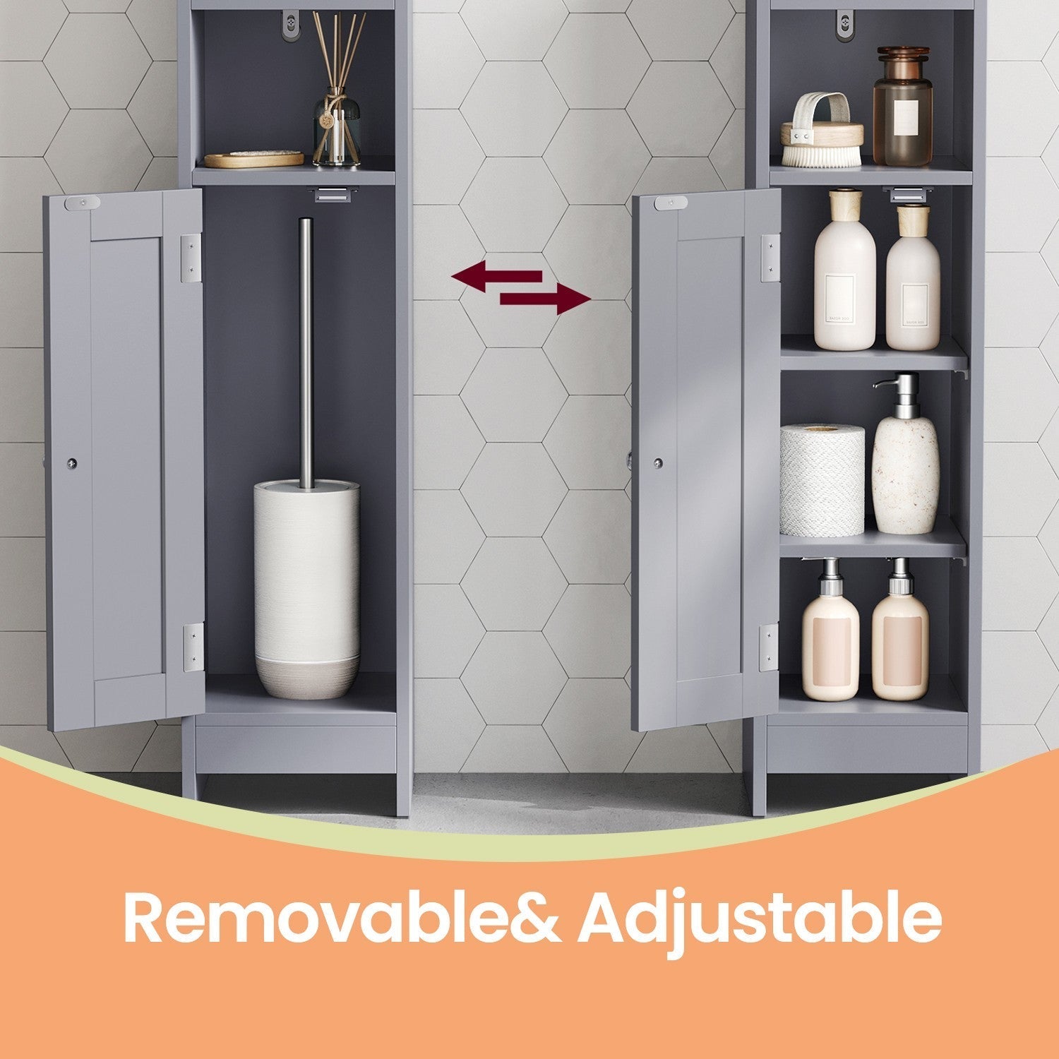 Narrow Bathroom Storage Cabinet - Wood - Dove Grey - Freestanding with Adjustable Shelves