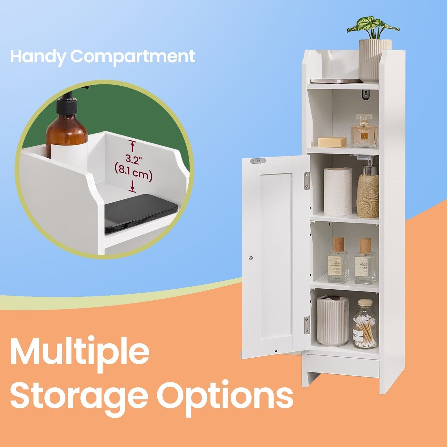 Narrow Bathroom Storage Cabinet - Wood - Dove Grey - Adjustable Shelves