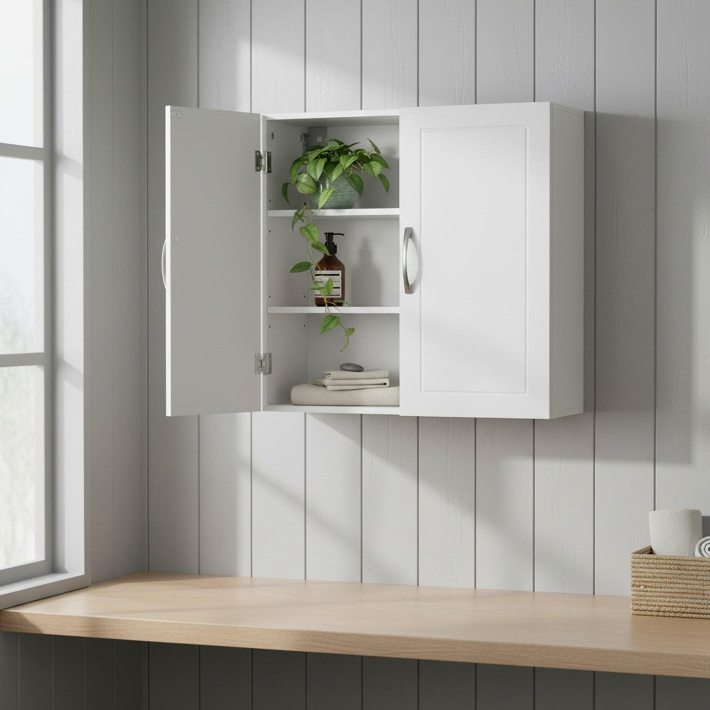 Wall-Mounted Bathroom Storage Cabinet - Wood - Cloud White - Adjustable Shelves