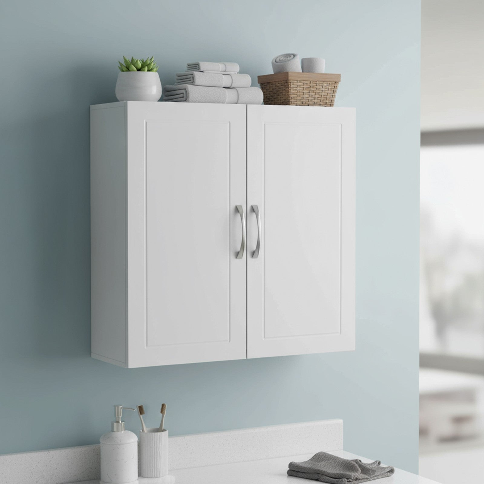 Wall-Mounted Bathroom Storage Cabinet - Wood - Cloud White - Adjustable Shelves