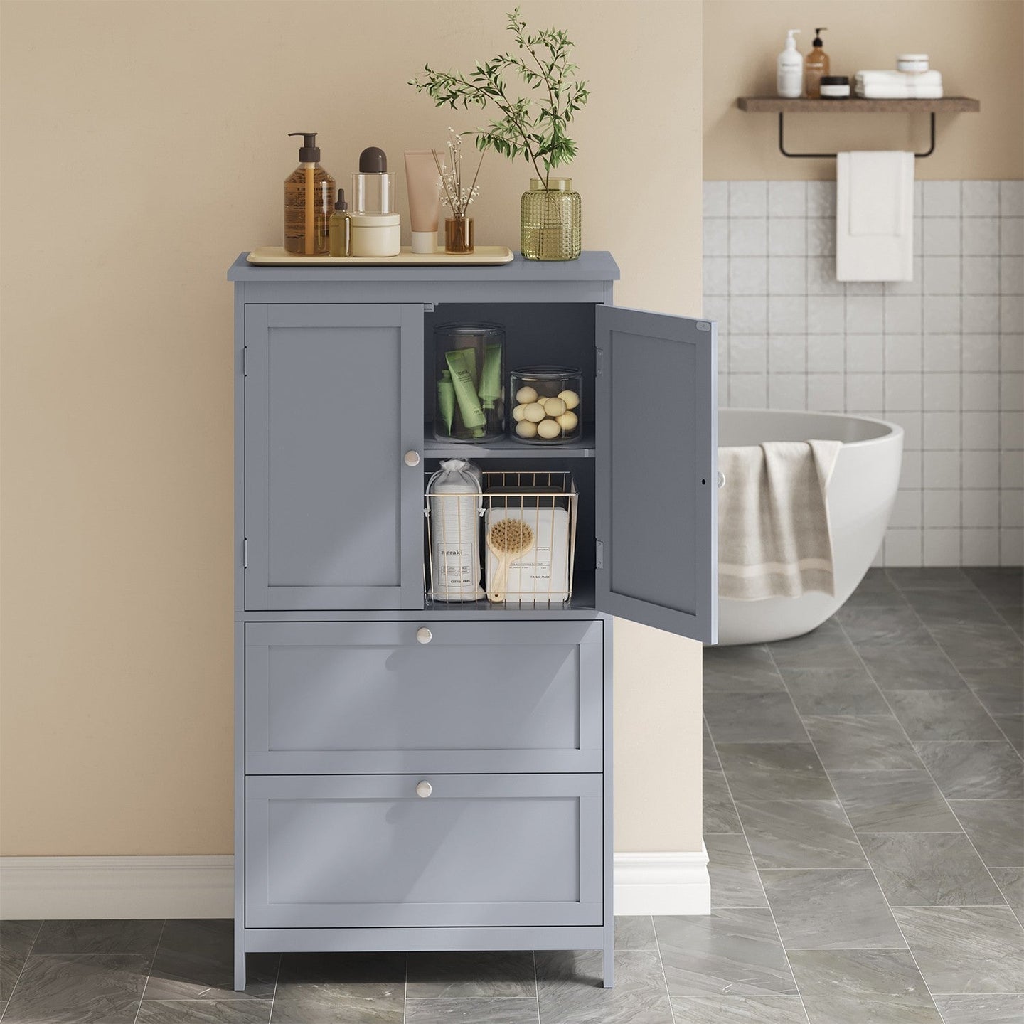 Freestanding Bathroom Storage Cabinet - Wood - White - Dual Drawer and Door Design with Adjustable Shelf