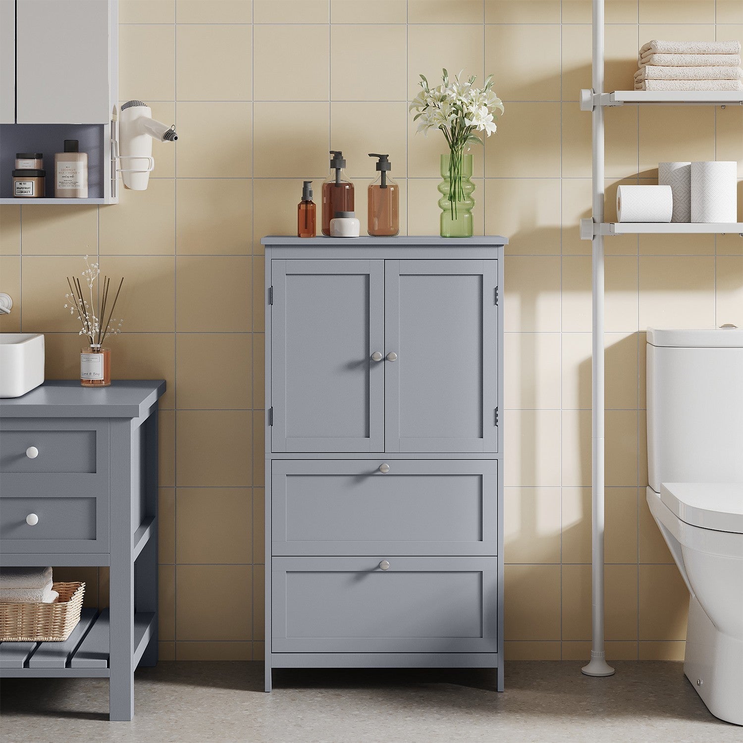 Freestanding Bathroom Storage Cabinet - Wood - White - Dual Drawer and Door Design with Adjustable Shelf