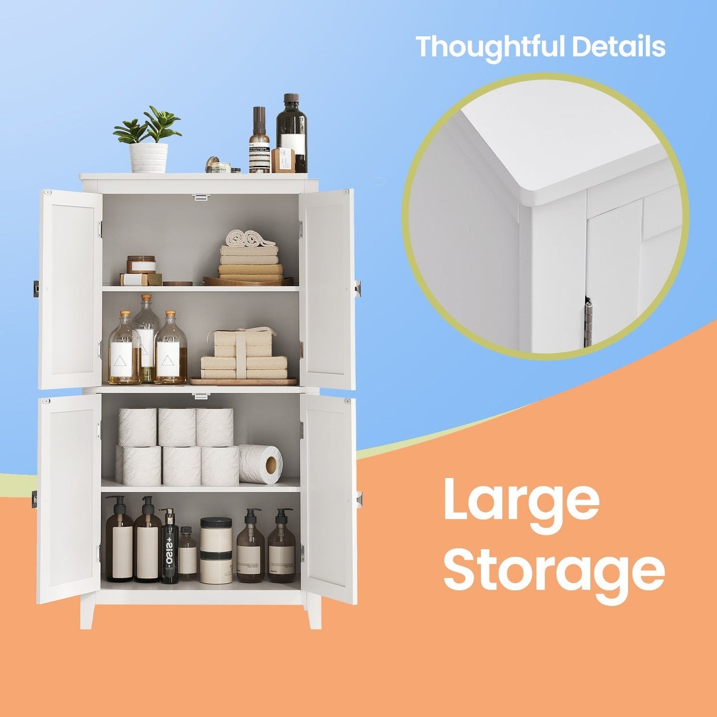 Freestanding Bathroom Storage Cabinet - Wood - White - Four Doors with Adjustable Shelves