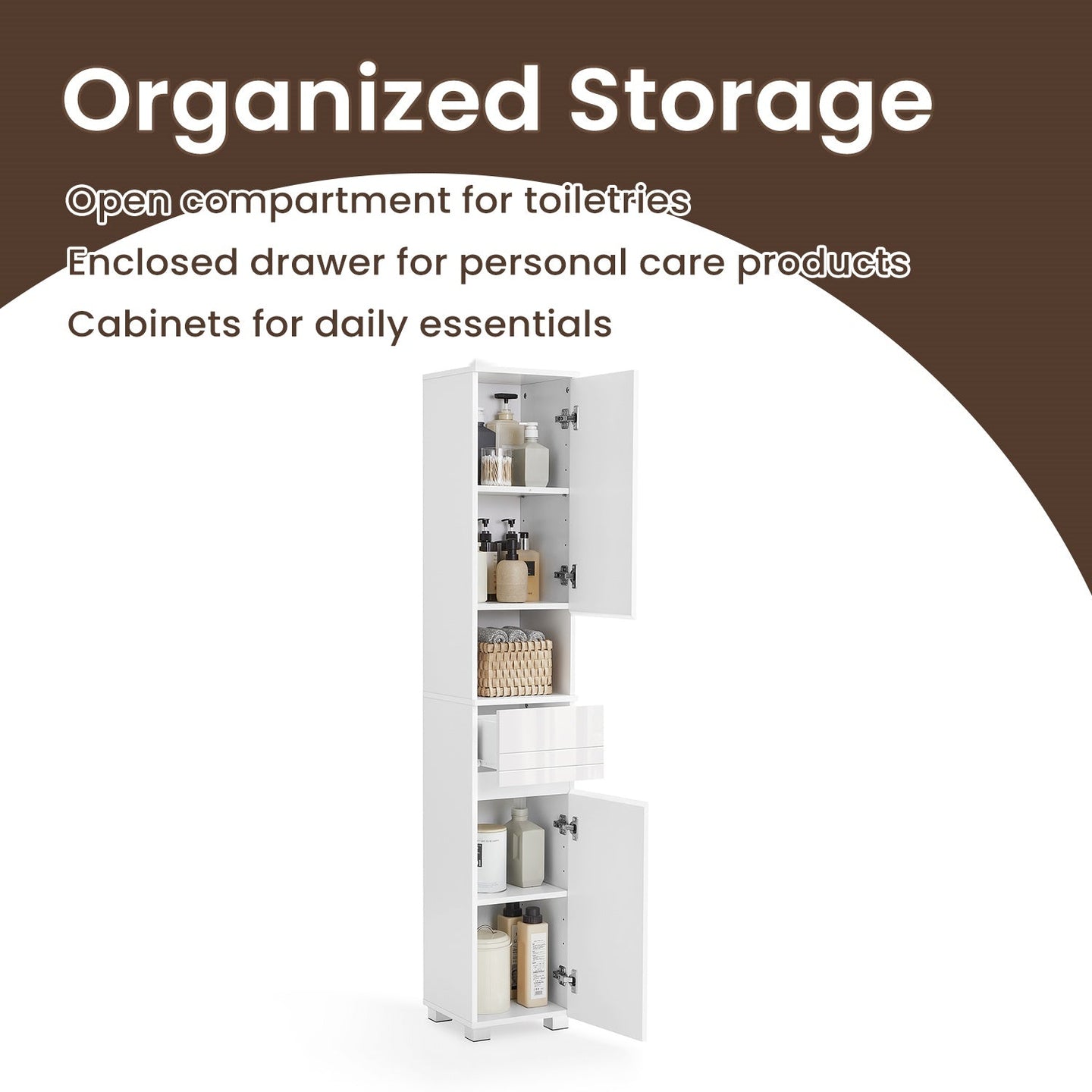 Tall Bathroom Storage Cabinet - Wood - White - Slim Design with Adjustable Shelves and Drawer
