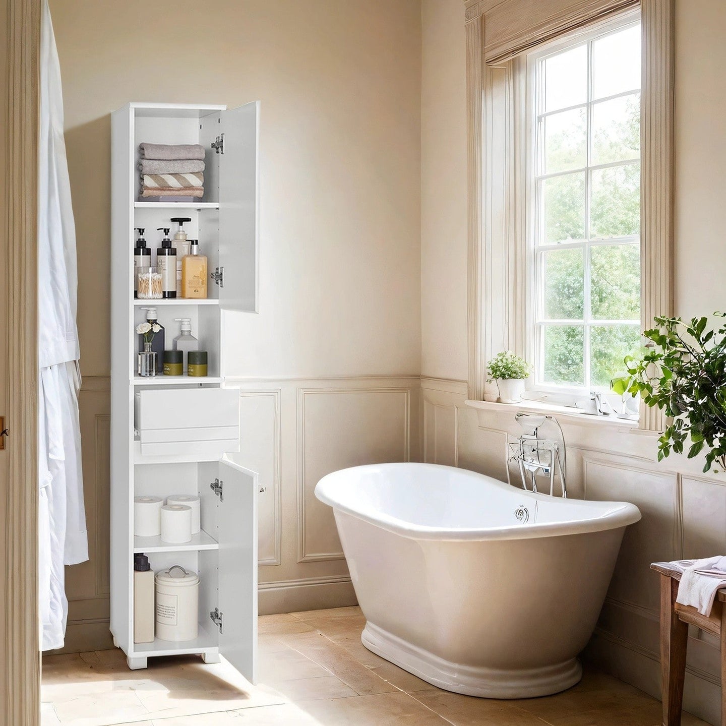 Tall Bathroom Storage Cabinet - Wood - White - Slim Design with Adjustable Shelves and Drawer
