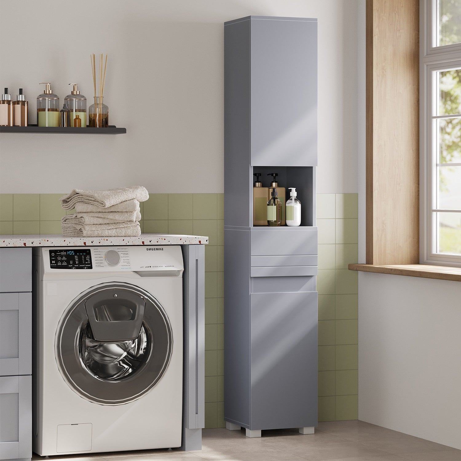 Tall Bathroom Cabinet - Wood - White - Slim Storage Solution