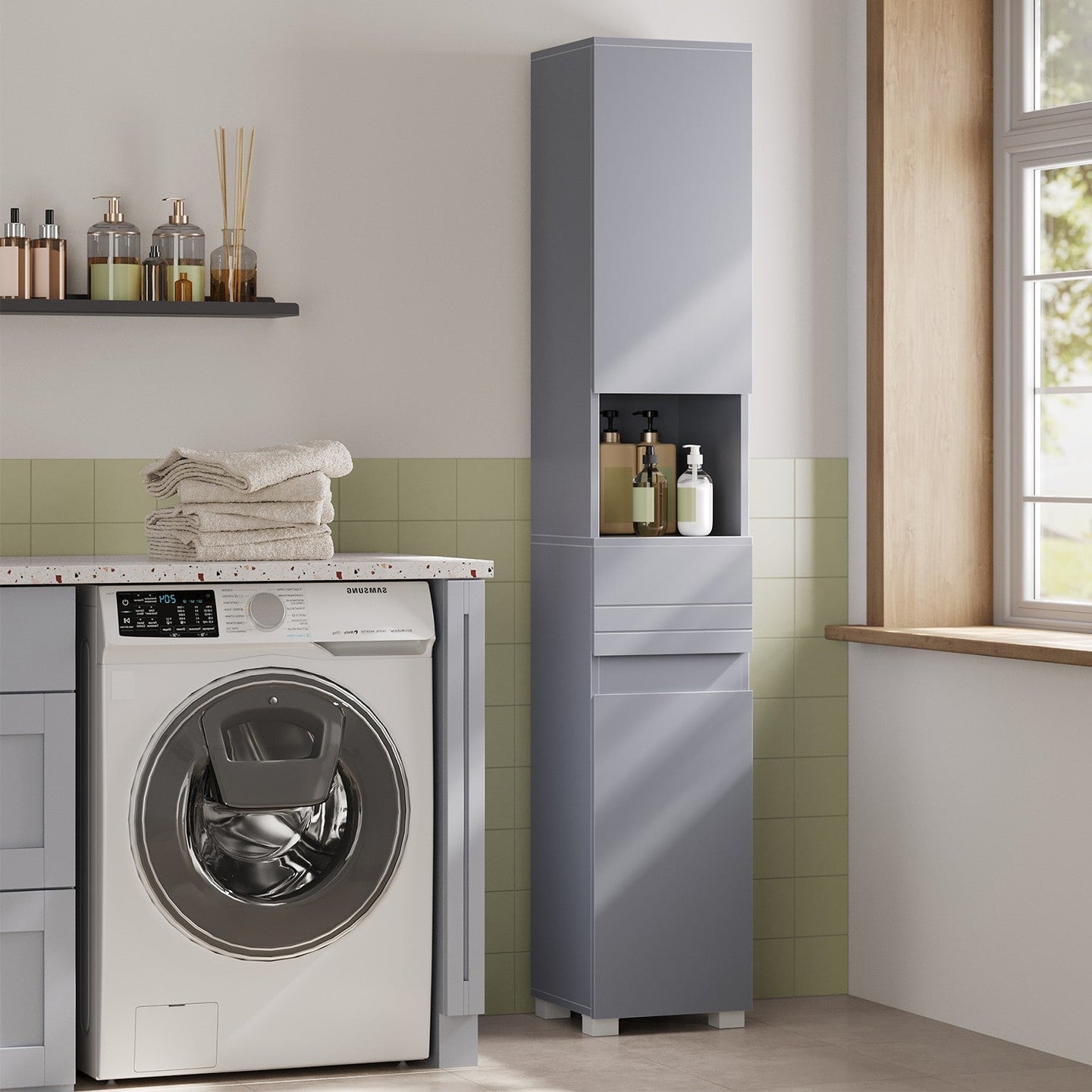 Tall Bathroom Cabinet - Wood - White - Slim Storage Solution