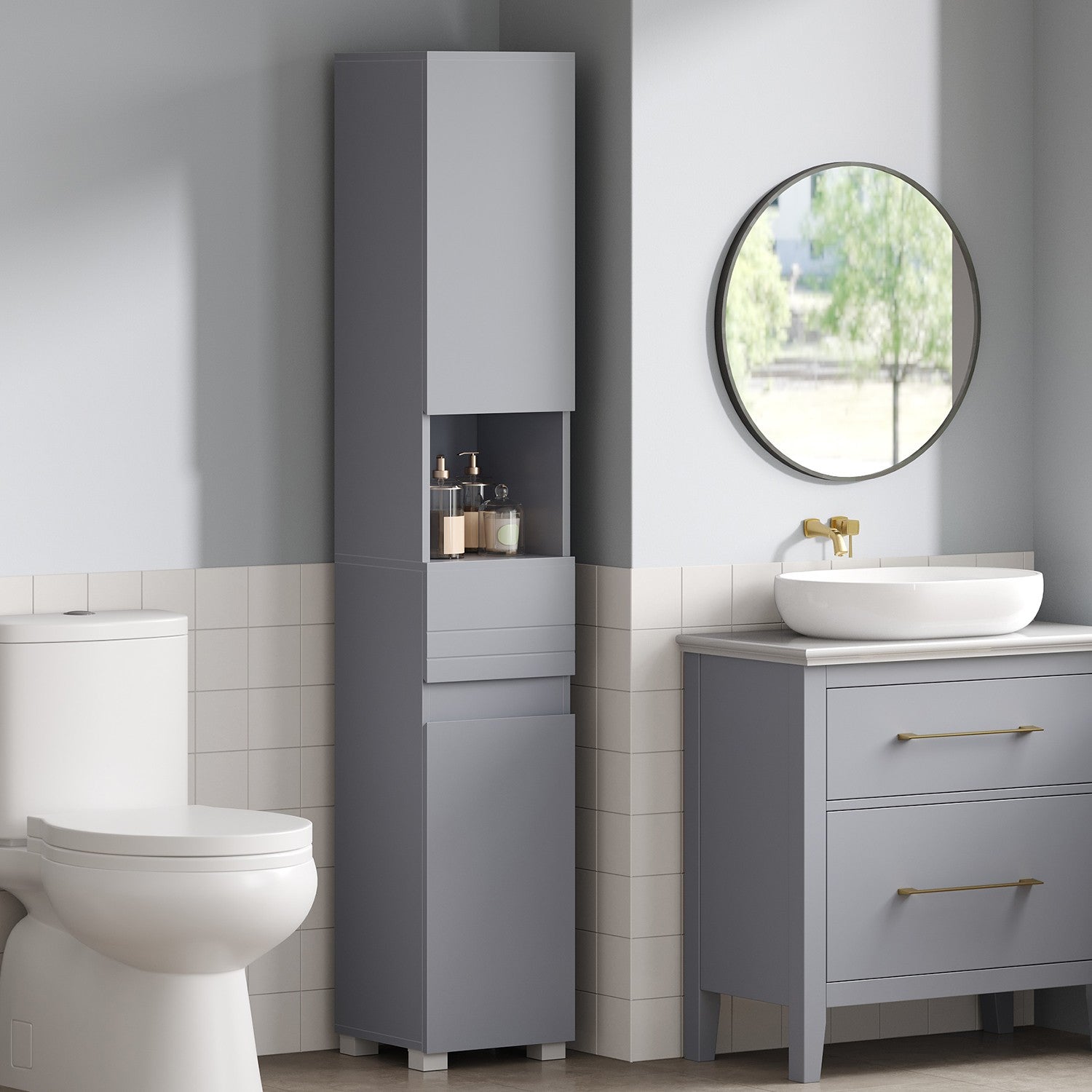 Tall Bathroom Cabinet - Wood - White - Slim Storage Solution