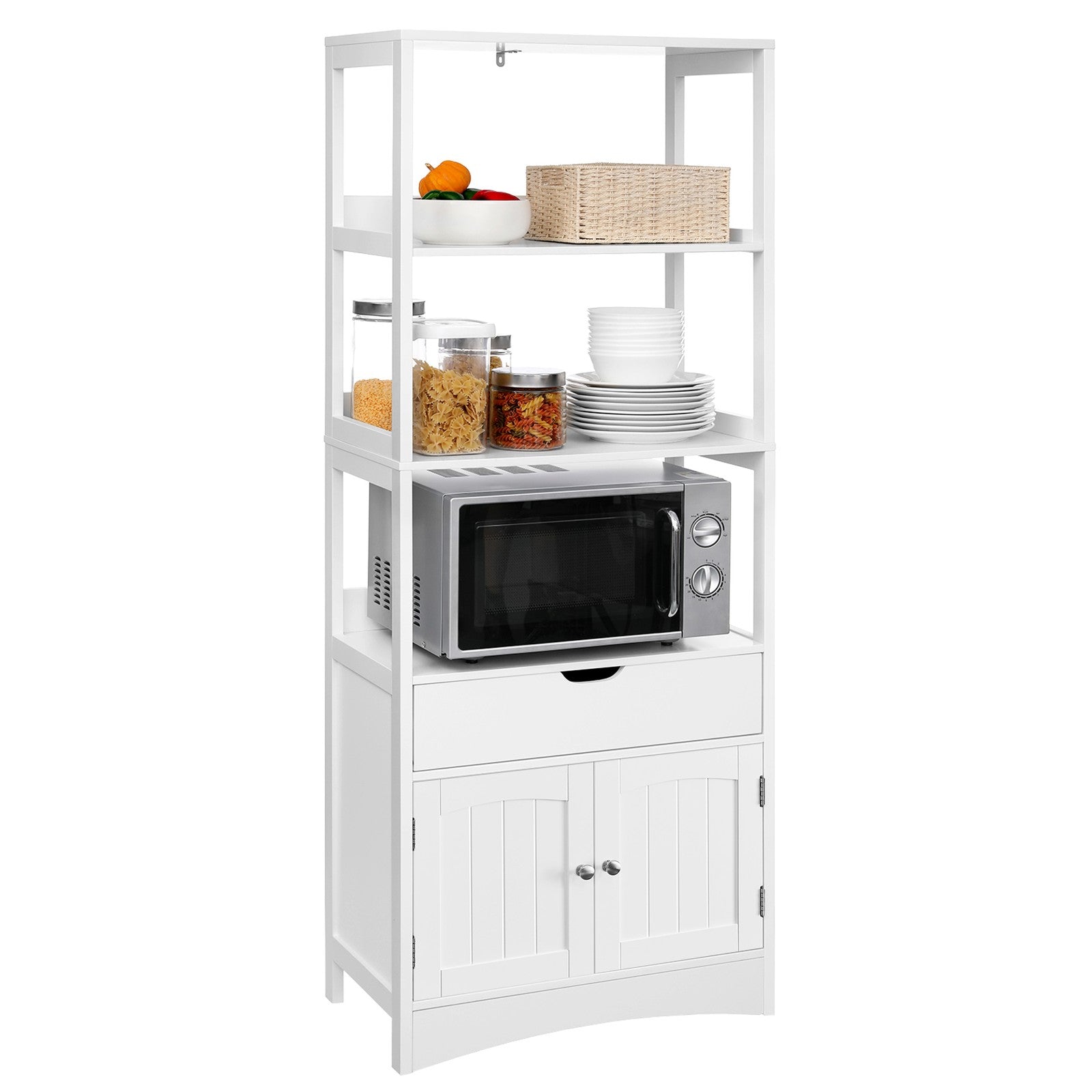 Tall Freestanding Bookshelf - Wood - White - 3 Open Shelves and 1 Drawer