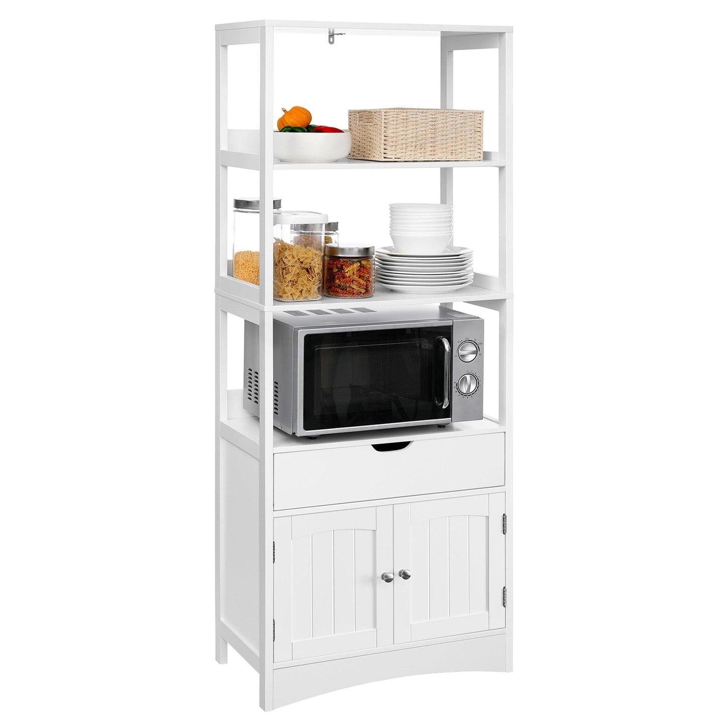 Tall Freestanding Bookshelf - Wood - White - 3 Open Shelves and 1 Drawer