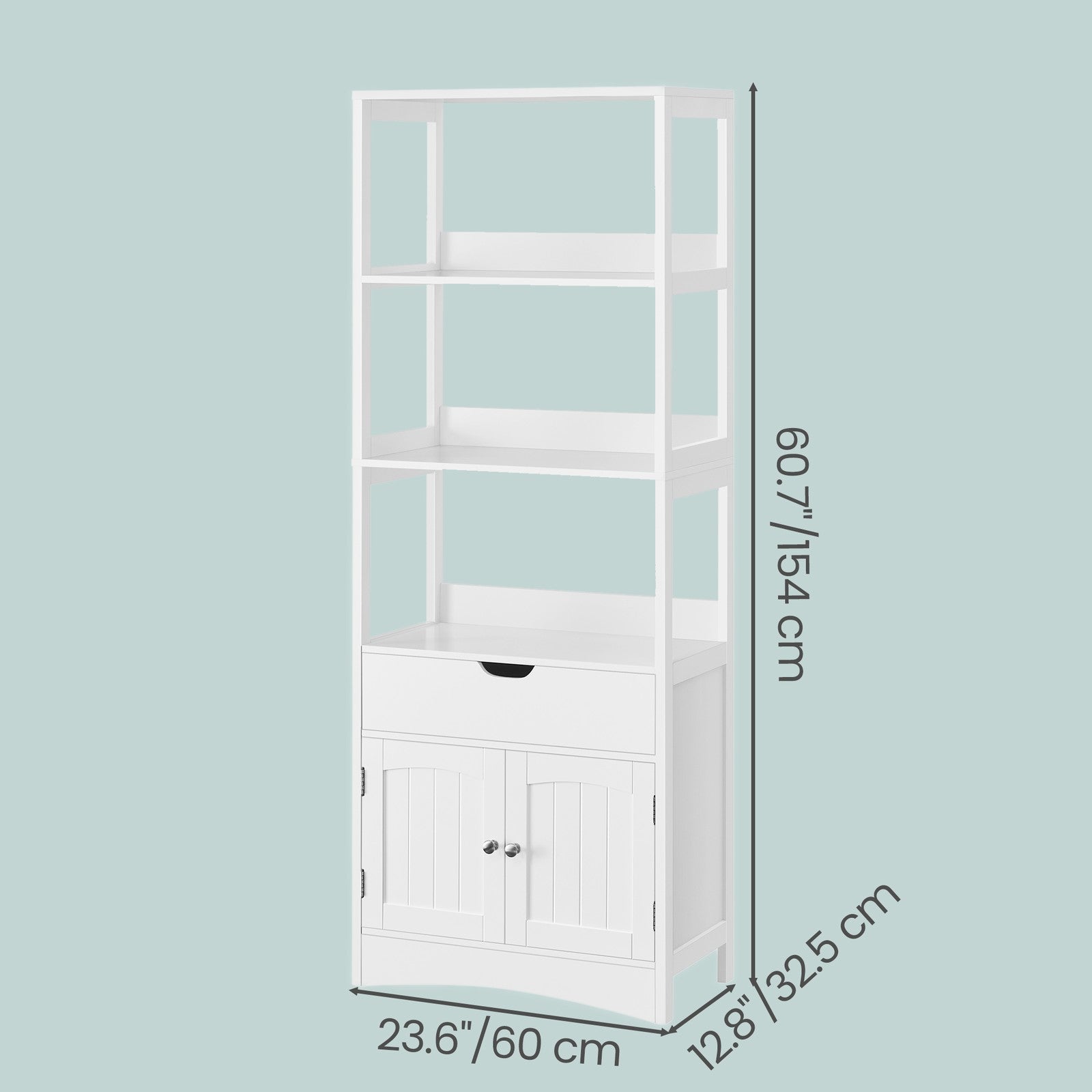 Tall Freestanding Bookshelf - Wood - White - 3 Open Shelves and 1 Drawer
