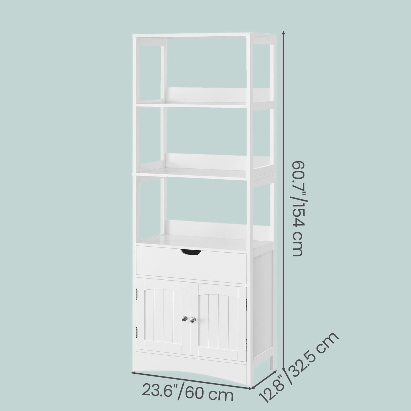 Tall Freestanding Bookshelf - Wood - White - 3 Open Shelves and 1 Drawer