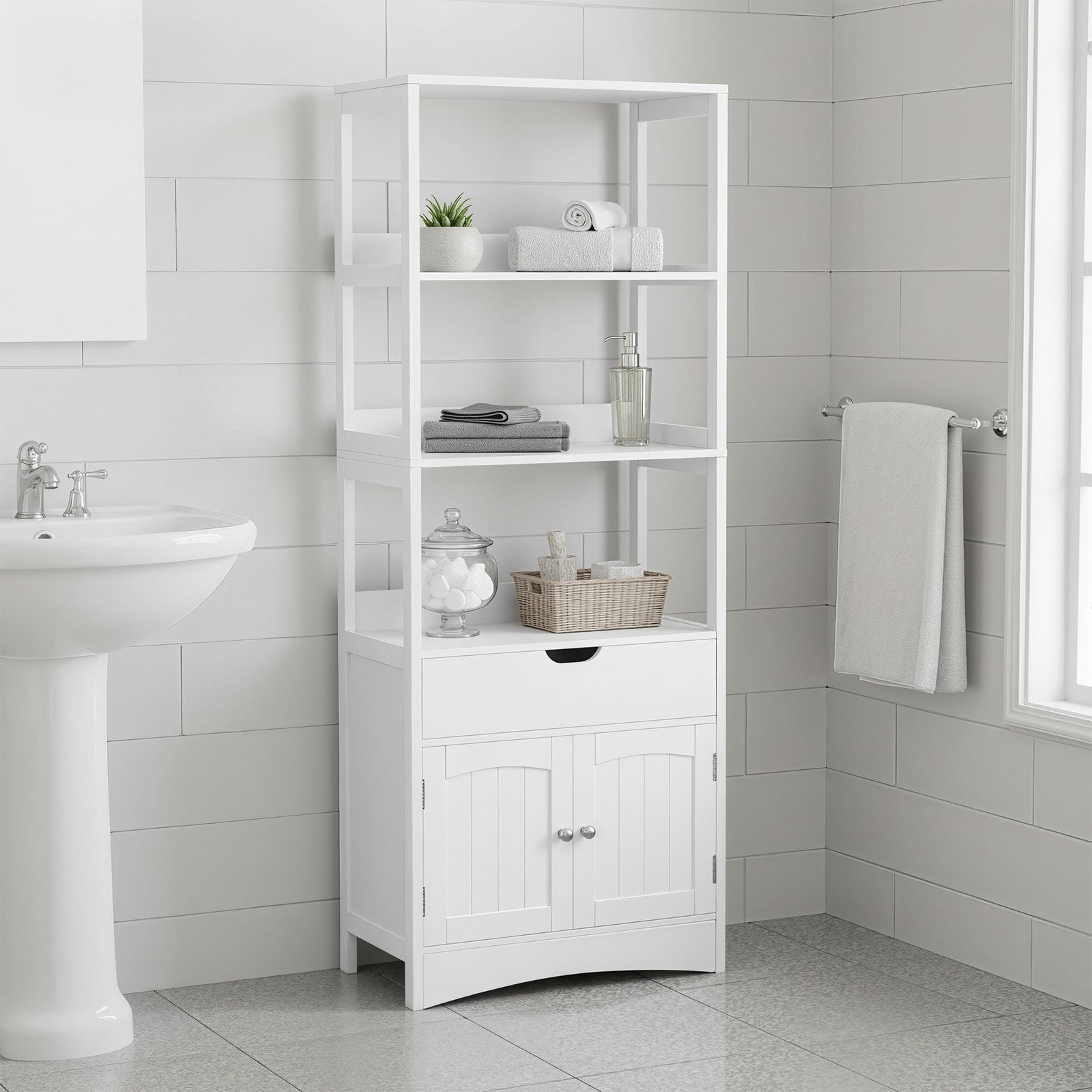 Tall Freestanding Bookshelf - Wood - White - 3 Open Shelves and 1 Drawer
