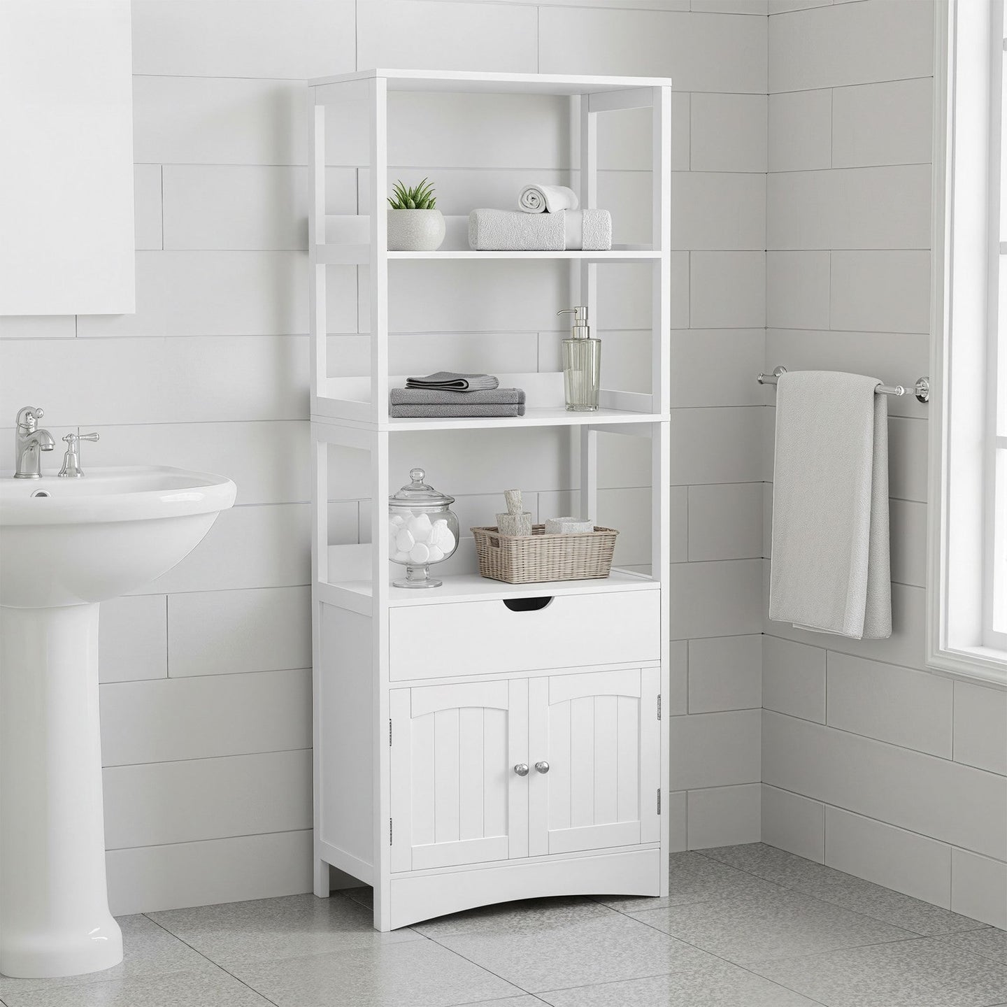 Tall Freestanding Bookshelf - Wood - White - 3 Open Shelves and 1 Drawer