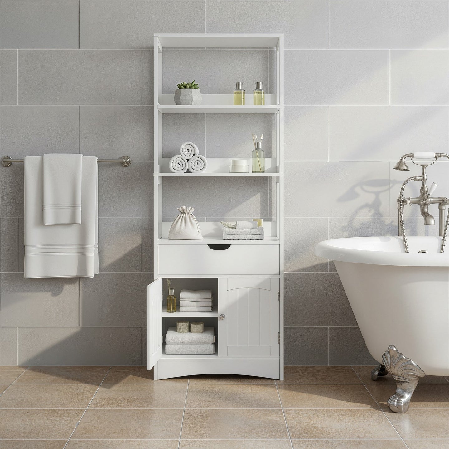Tall Freestanding Bookshelf - Wood - White - 3 Open Shelves and 1 Drawer