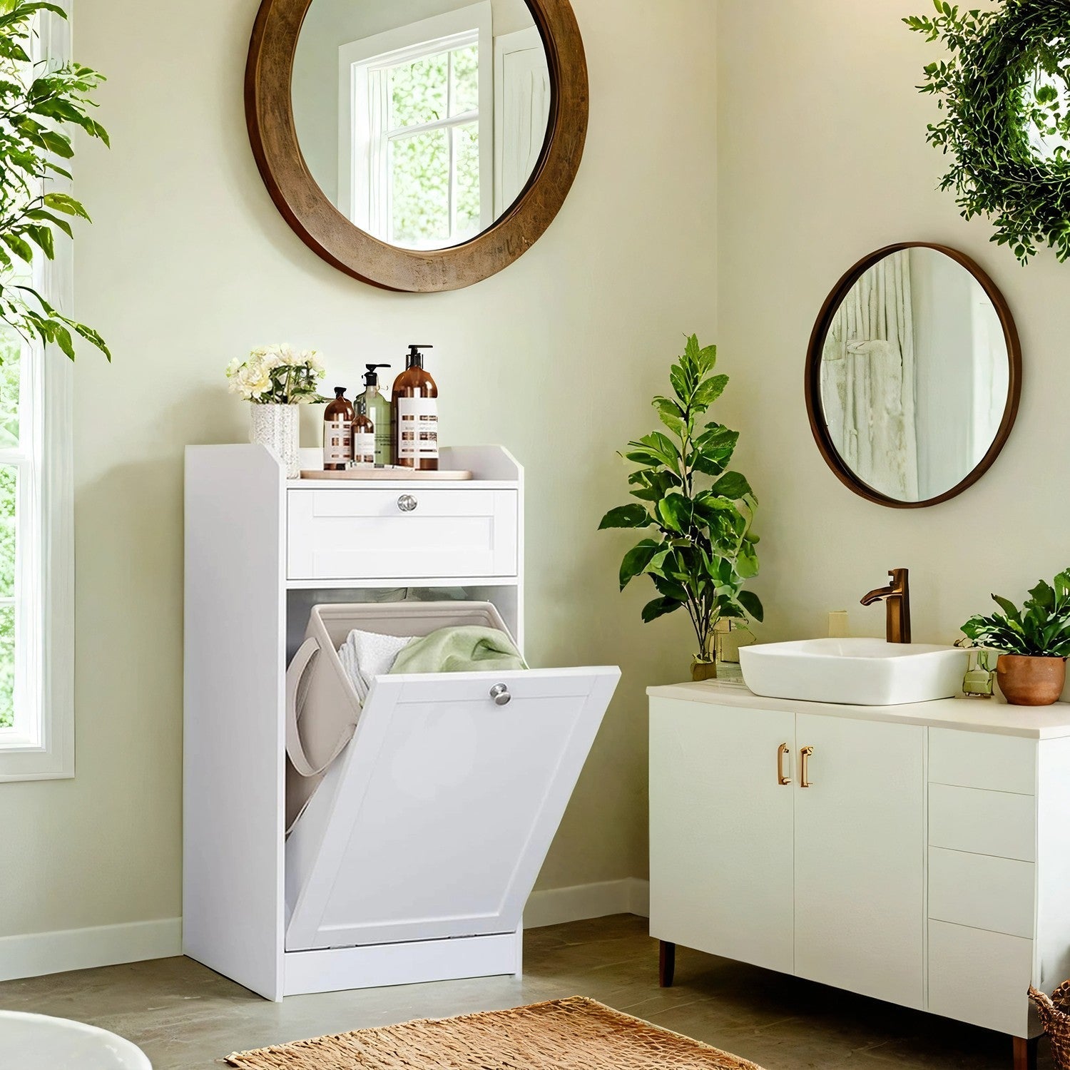 Bathroom Cabinet - Wood - Cloud White - Removable Laundry Basket with Drawer