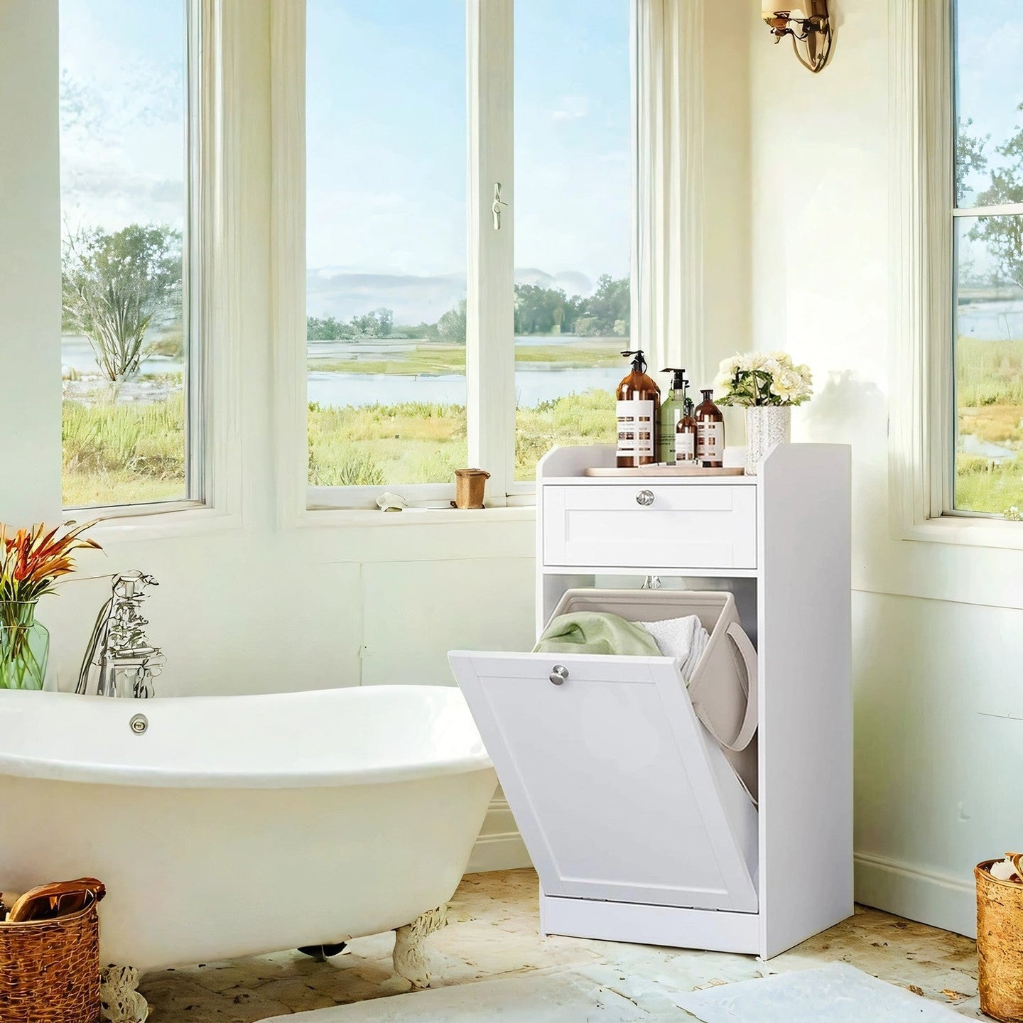 Bathroom Cabinet - Wood - Cloud White - Removable Laundry Basket with Drawer