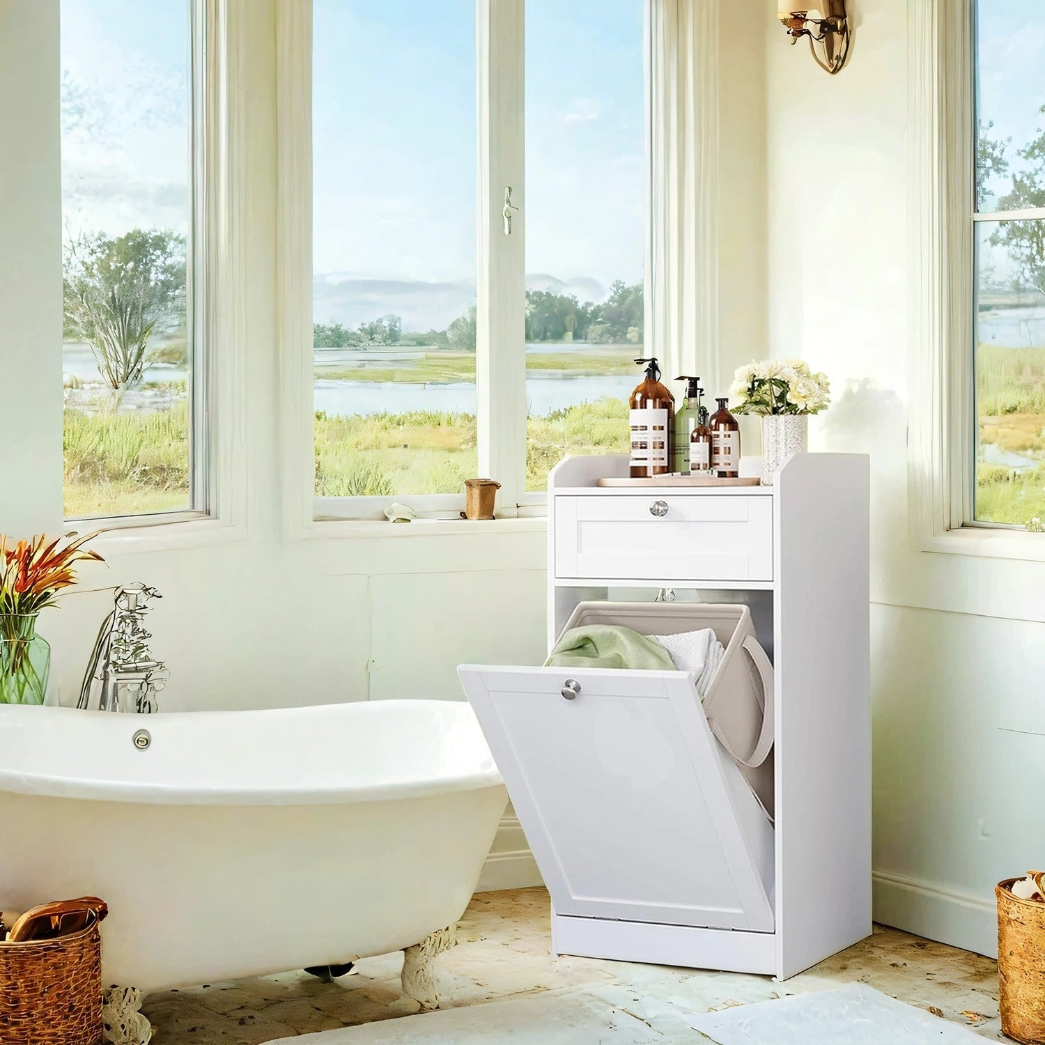 Bathroom Cabinet - Wood - Cloud White - Removable Laundry Basket with Drawer
