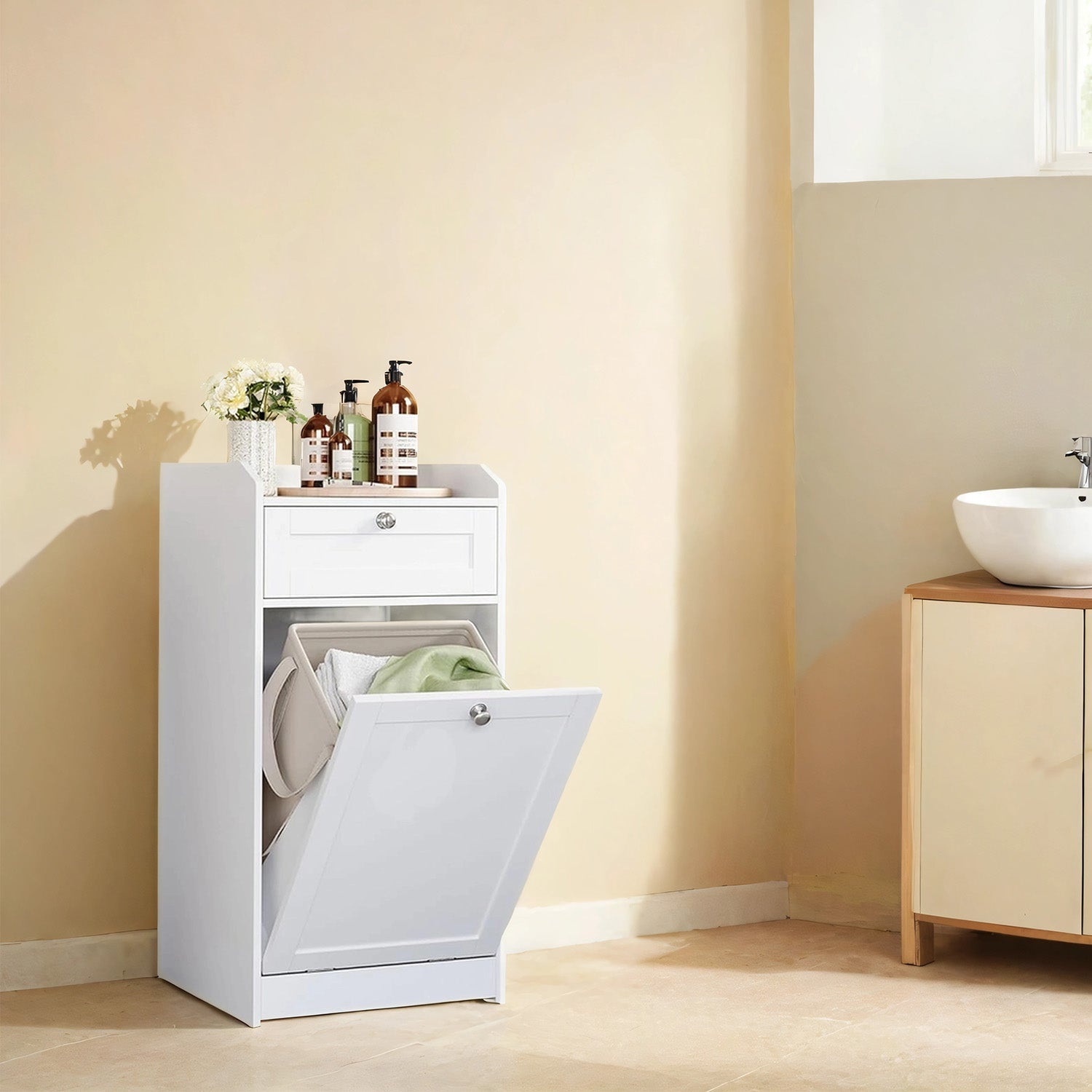 Bathroom Cabinet - Wood - Cloud White - Removable Laundry Basket with Drawer