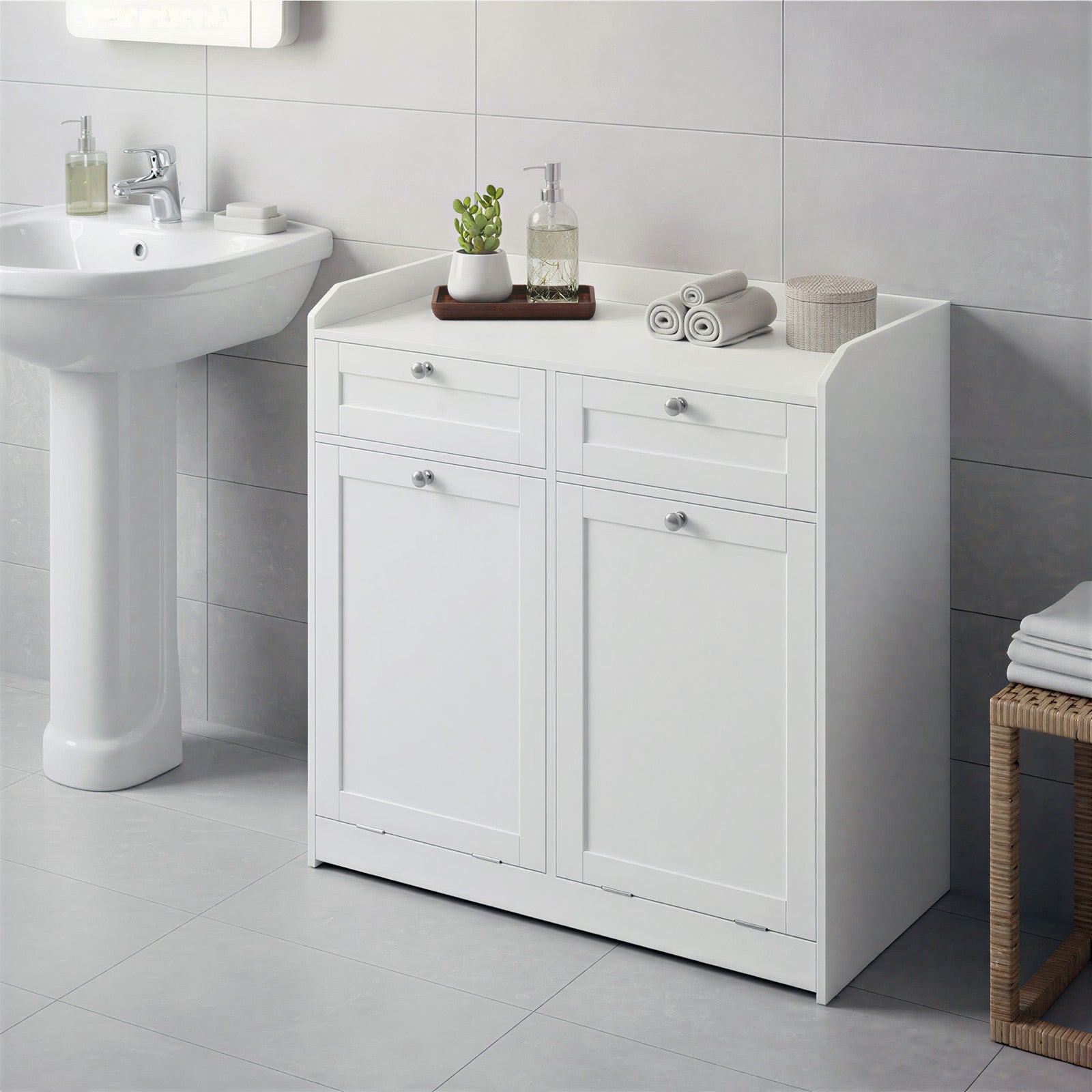 Laundry Hamper Cabinet - Wood - Cloud White - 2 Removable Baskets with Handles