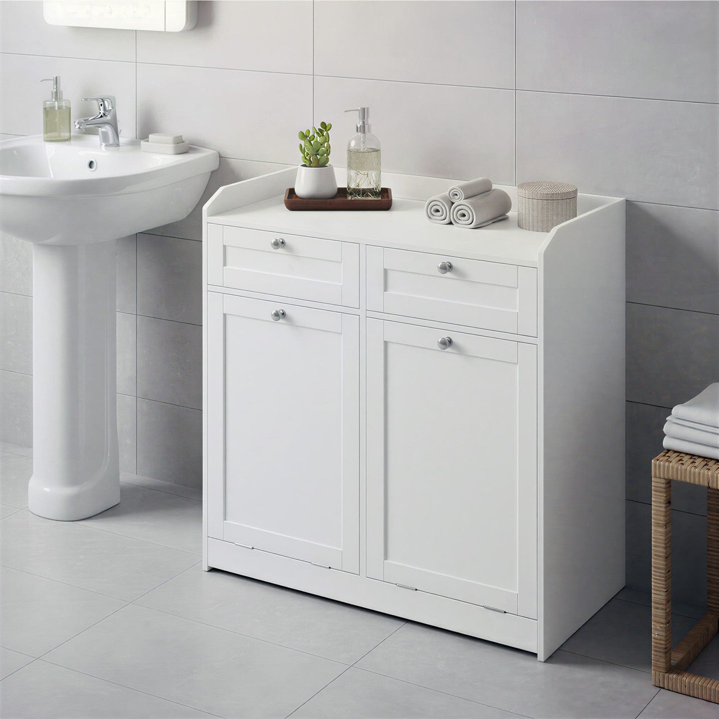 Laundry Hamper Cabinet - Wood - Cloud White - 2 Removable Baskets with Handles
