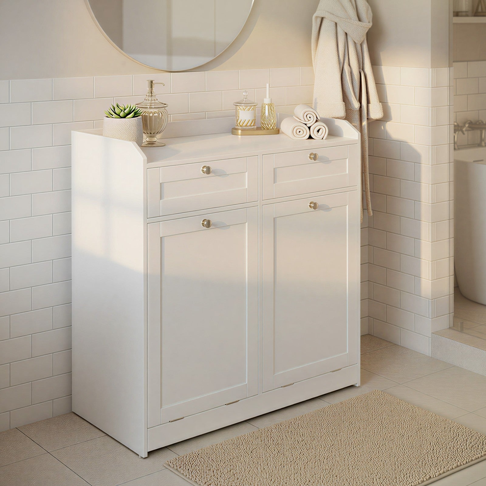 Laundry Hamper Cabinet - Wood - Cloud White - 2 Removable Baskets with Handles