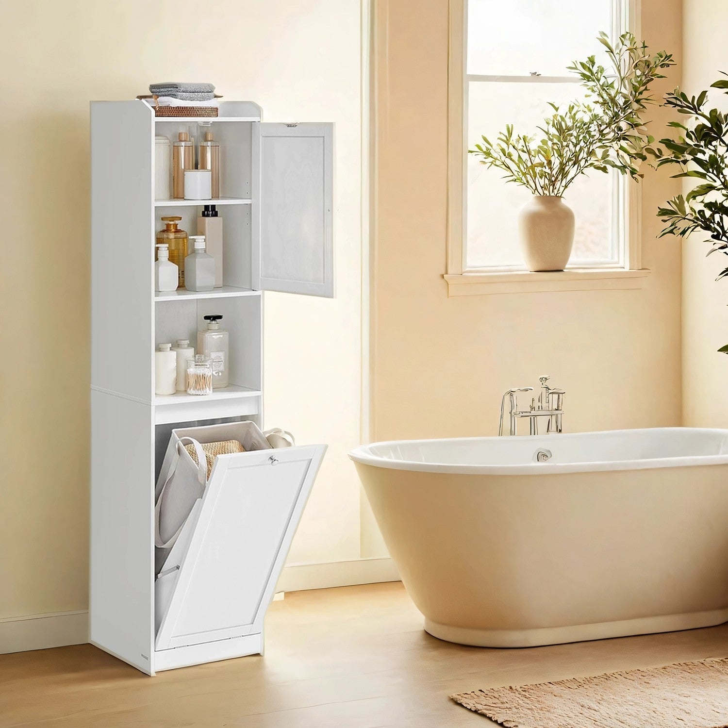 Tall Bathroom Storage Cabinet - Engineered Wood - Cloud White - Removable Laundry Hamper and Freestanding Design for Small Spaces
