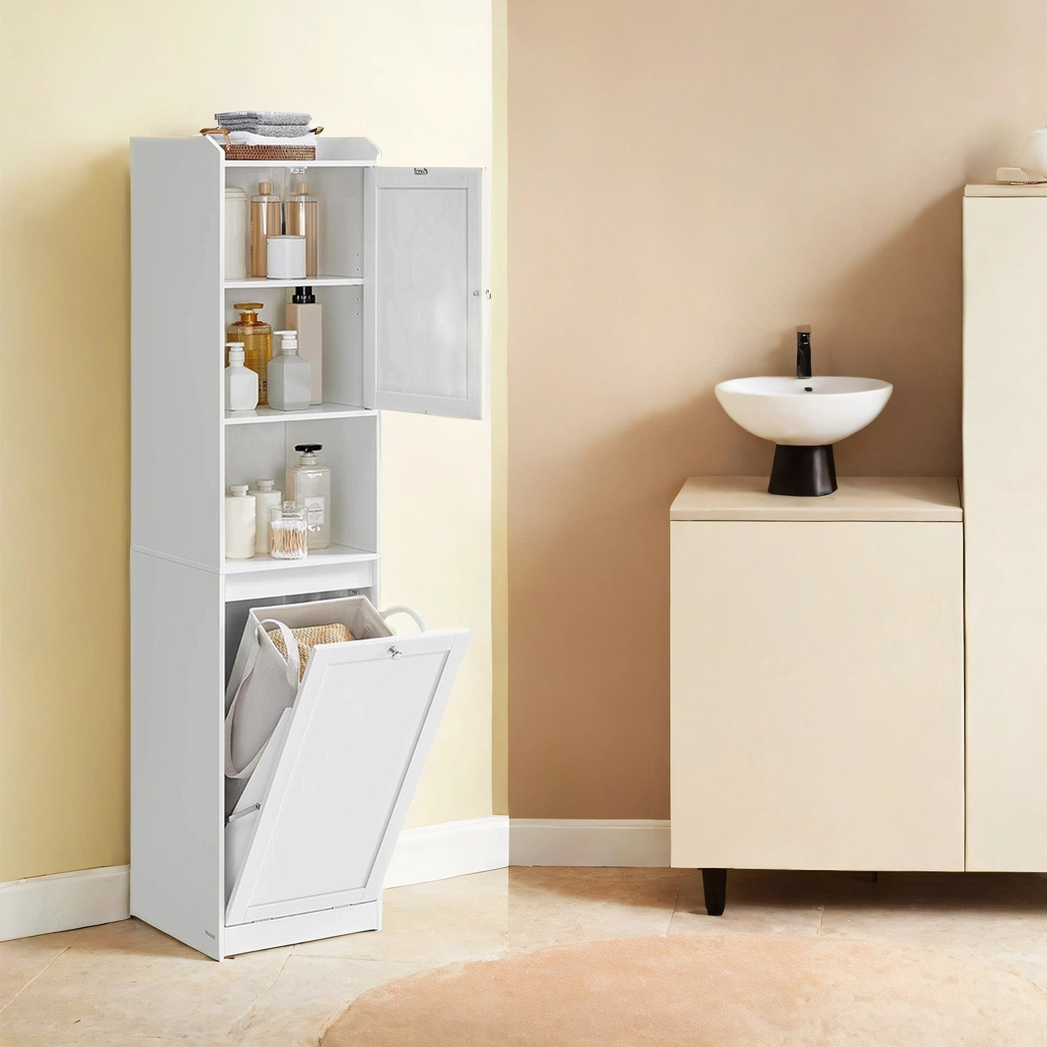 Tall Bathroom Storage Cabinet - Engineered Wood - Cloud White - Removable Laundry Hamper and Freestanding Design for Small Spaces