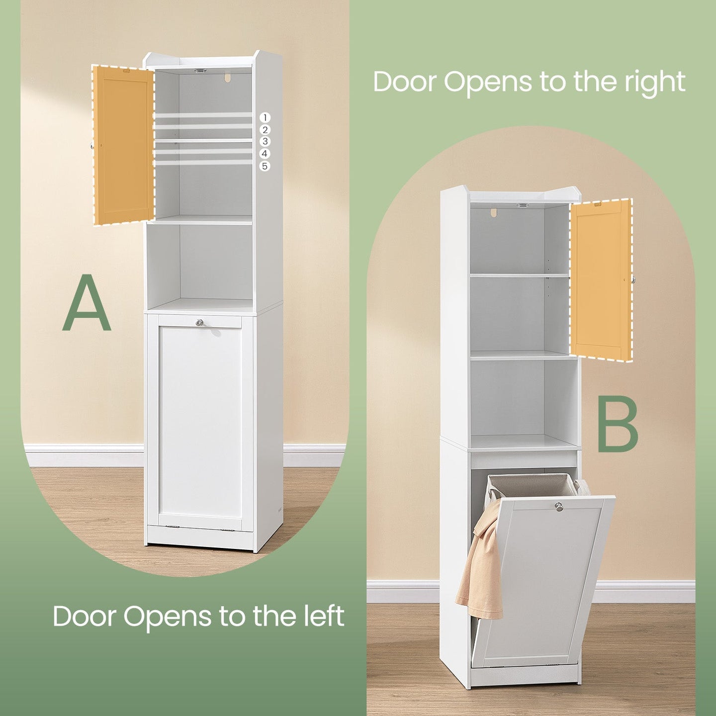Tall Bathroom Storage Cabinet - Engineered Wood - Cloud White - Removable Laundry Hamper and Freestanding Design for Small Spaces