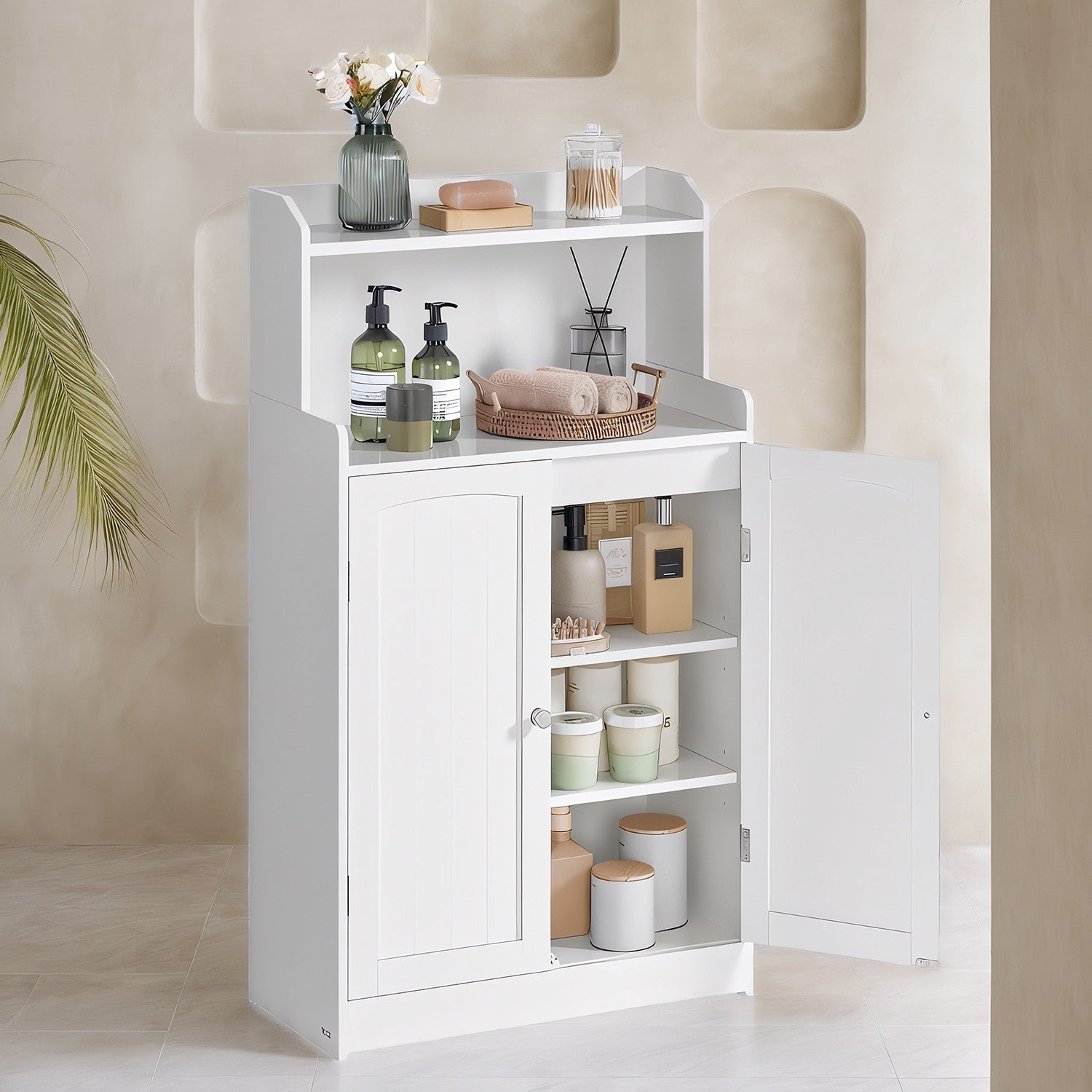 Bathroom Floor Cabinet - Engineered Wood - Cloud White - 100 cm Tall with 2 Doors and 2 Adjustable Shelves