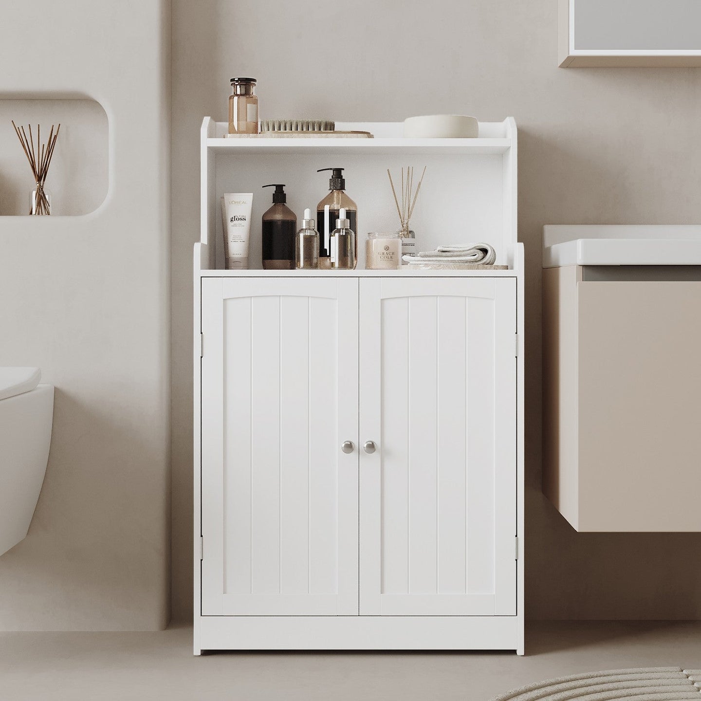 Bathroom Floor Cabinet - Engineered Wood - Cloud White - 100 cm Tall with 2 Doors and 2 Adjustable Shelves