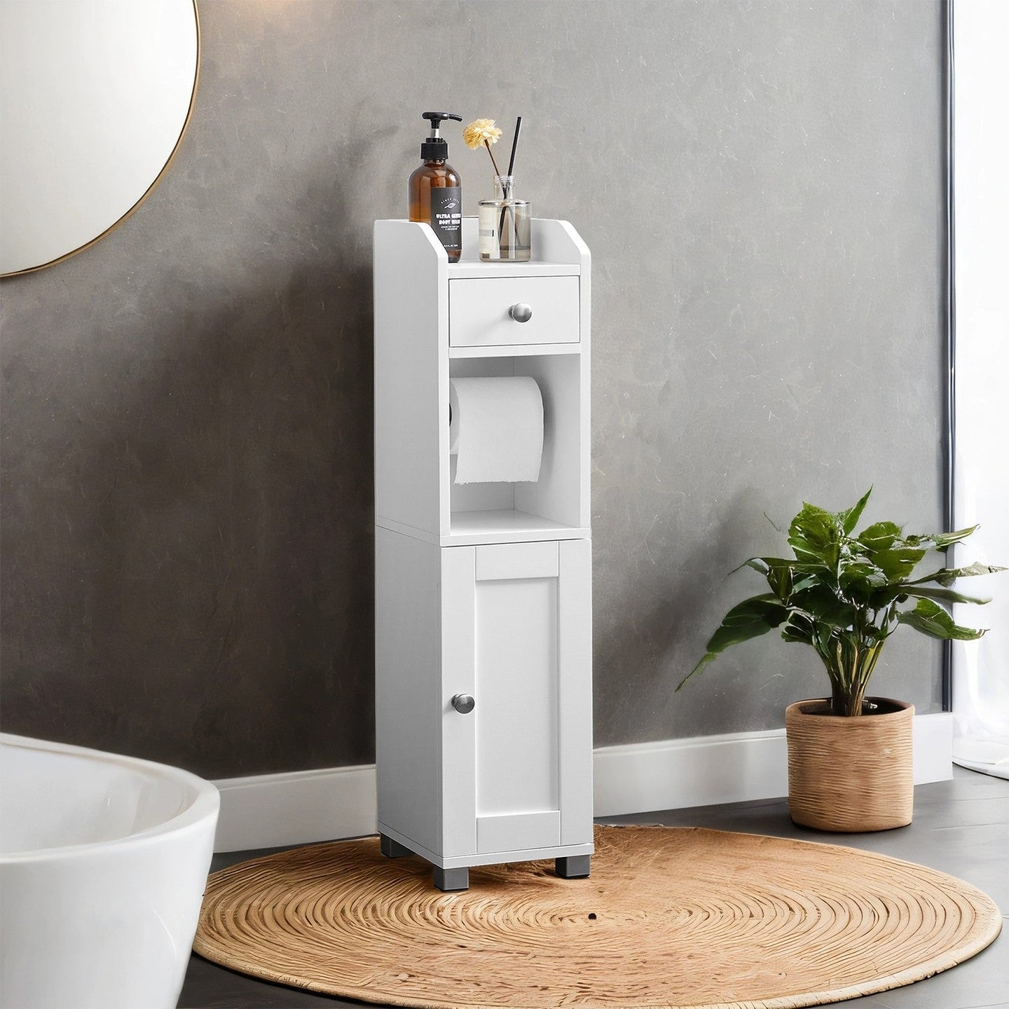 Toilet Paper Holder - Wood - White - Bathroom Organizer with Adjustable Shelf and Waterproof Feet