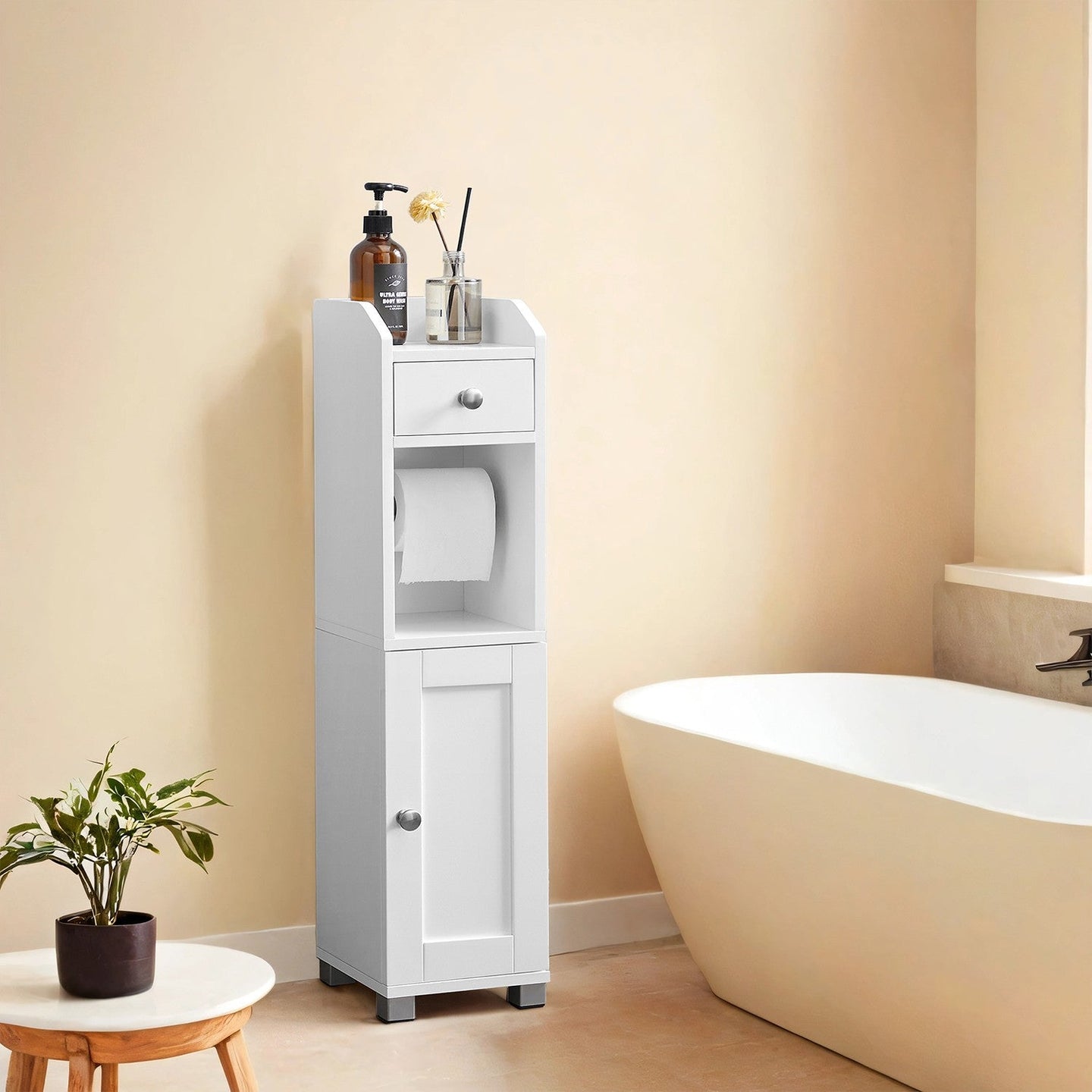 Toilet Paper Holder - Wood - White - Bathroom Organizer with Adjustable Shelf and Waterproof Feet