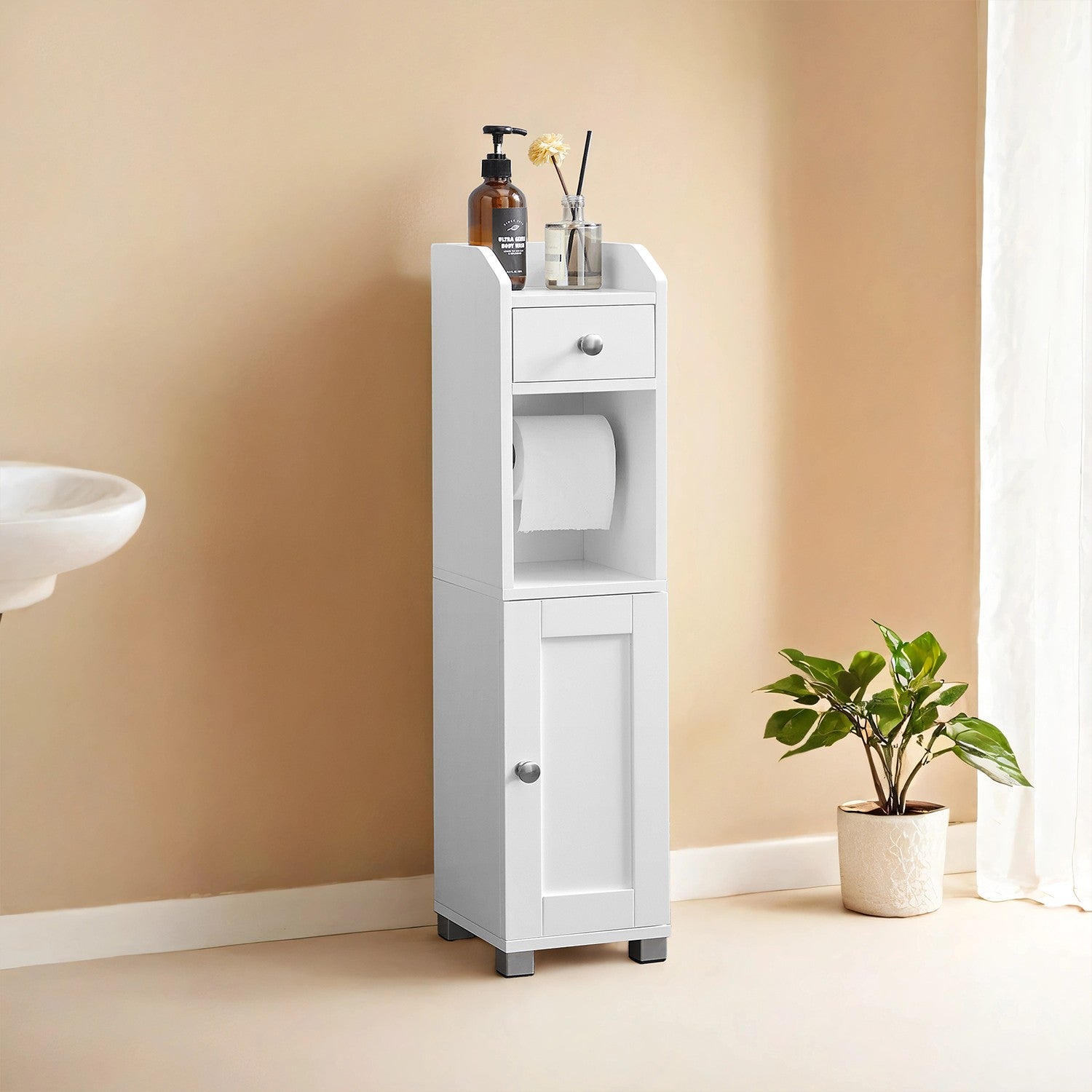 Toilet Paper Holder - Wood - White - Bathroom Organizer with Adjustable Shelf and Waterproof Feet