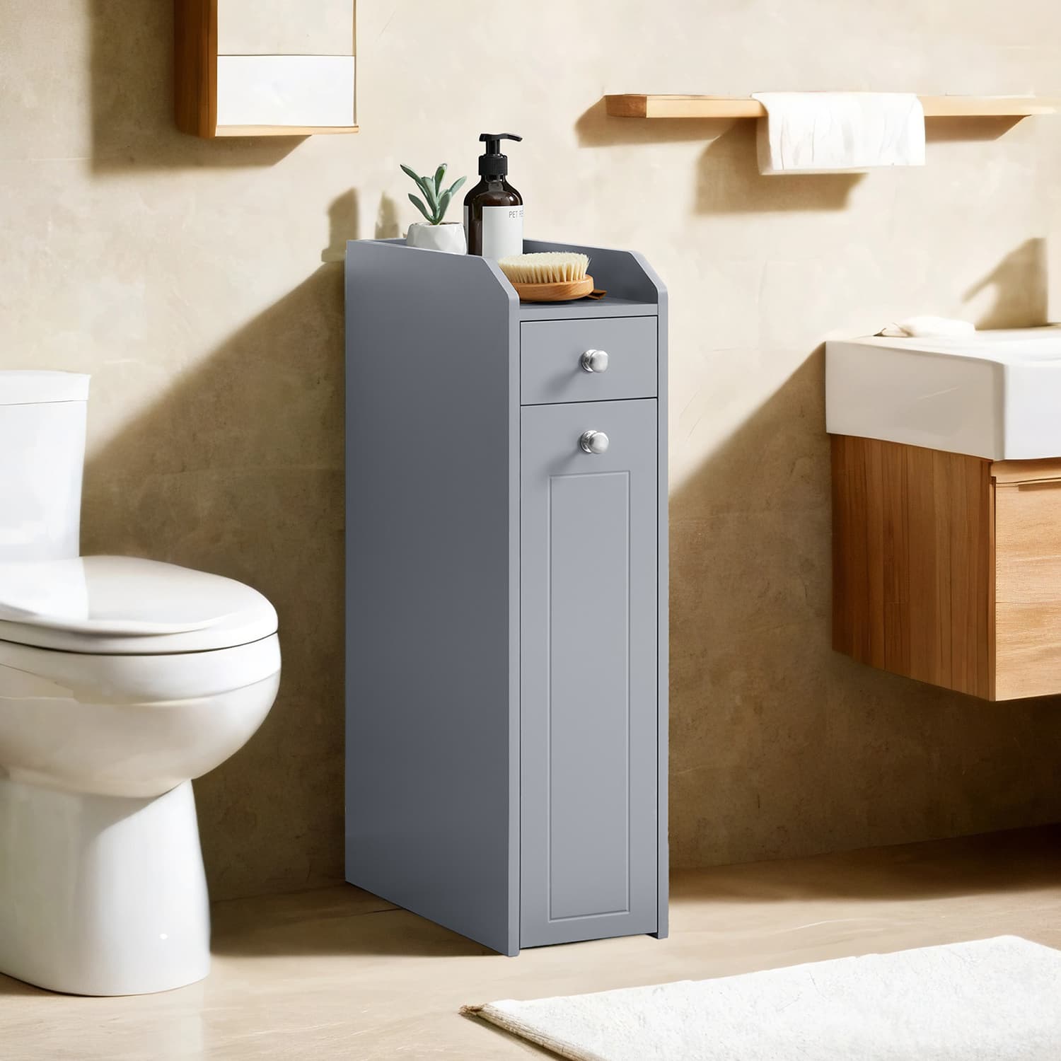 Small Bathroom Cabinet - Wood - Dove Grey - Freestanding Storage Unit for Small Spaces