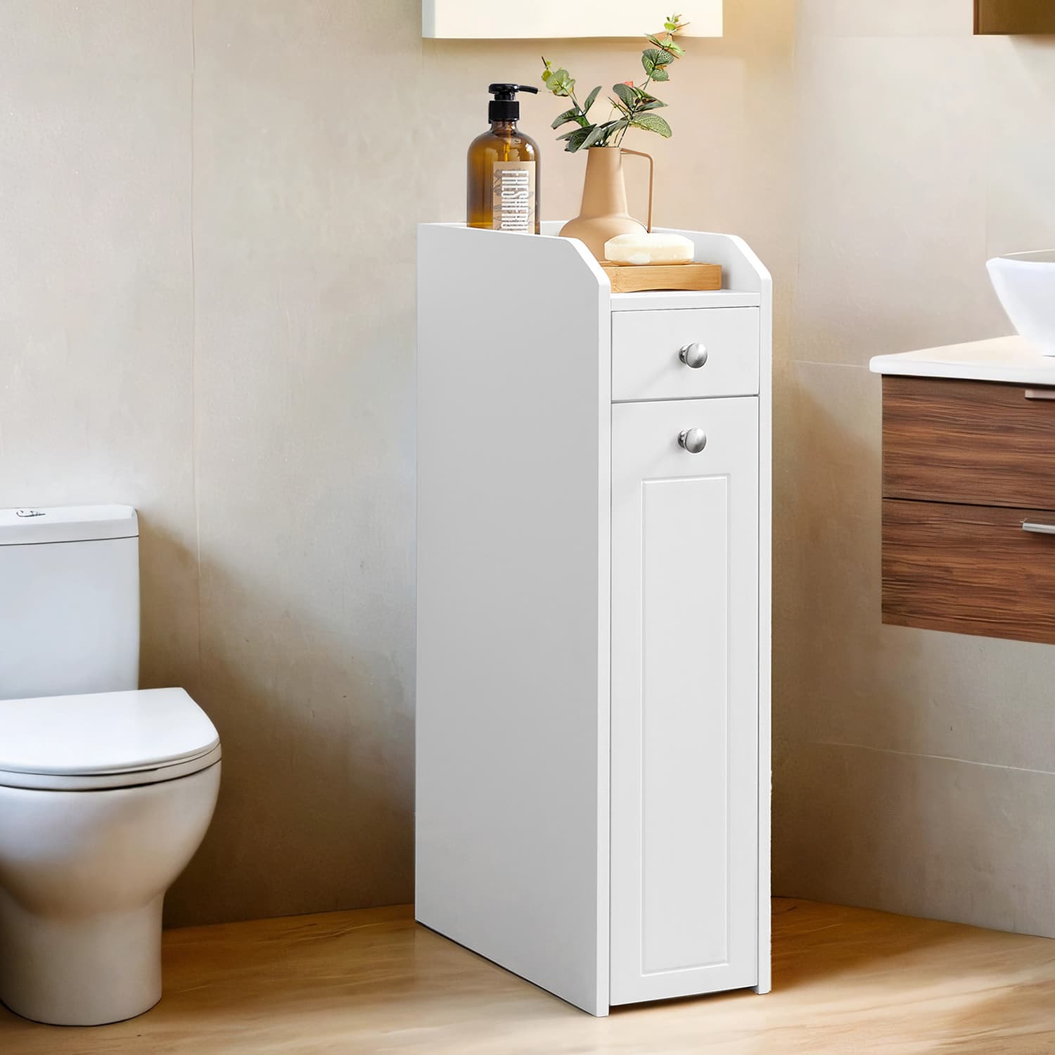 Slim Bathroom Storage Cabinet - MDF - Dove Grey - Freestanding with Drawers for Space Efficiency