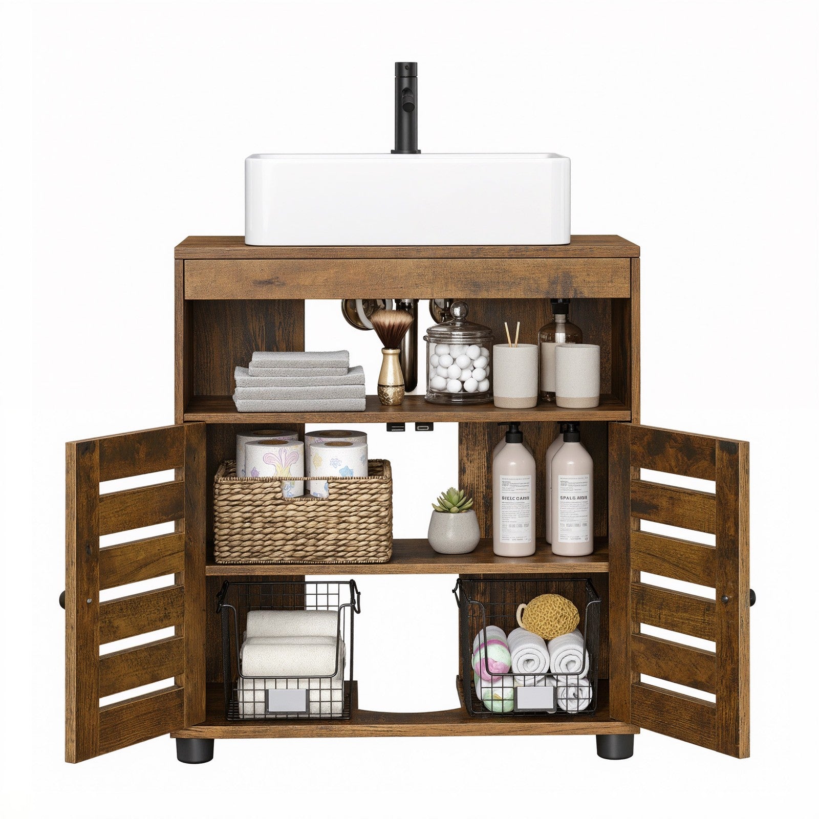 Bathroom Cabinet - Engineered Wood - Rustic Brown - Adjustable Shelf and Louvered Doors for Pedestal Sinks