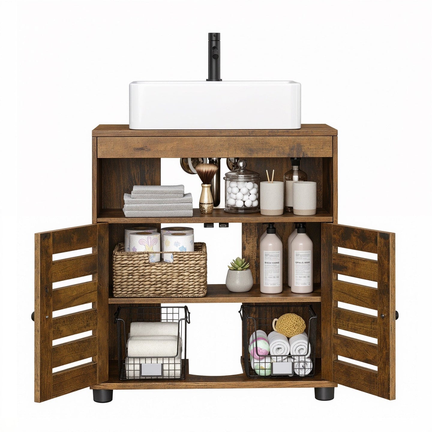 Bathroom Cabinet - Engineered Wood - Rustic Brown - Adjustable Shelf and Louvered Doors for Pedestal Sinks
