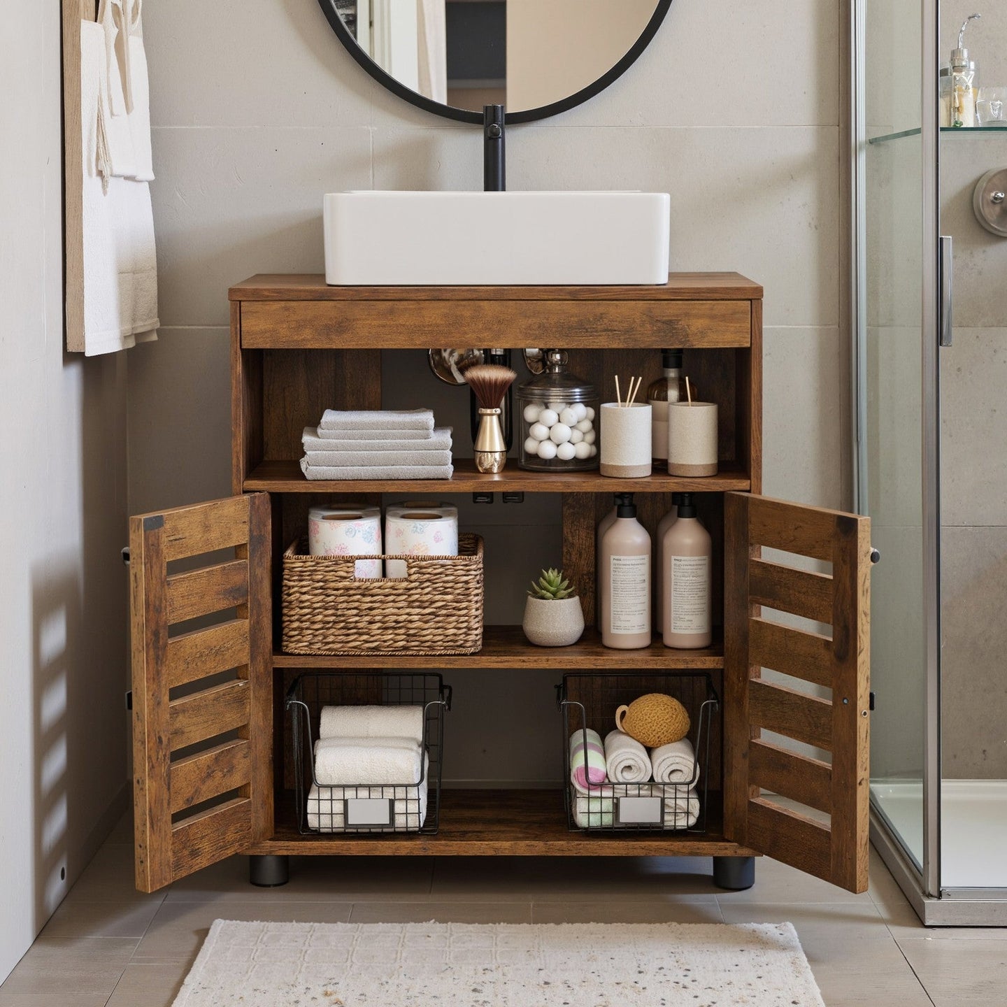 Bathroom Cabinet - Engineered Wood - Rustic Brown - Adjustable Shelf and Louvered Doors for Pedestal Sinks