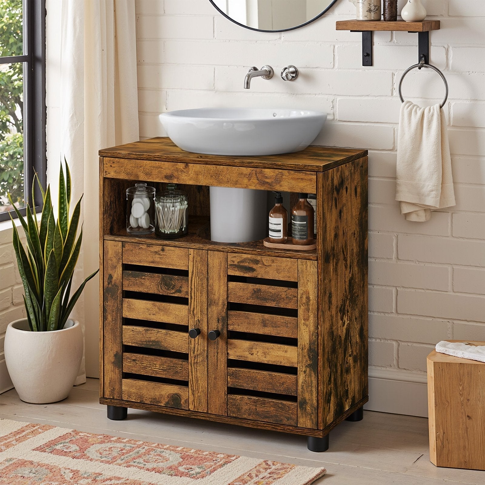 Bathroom Cabinet - Engineered Wood - Rustic Brown - Adjustable Shelf and Louvered Doors for Pedestal Sinks