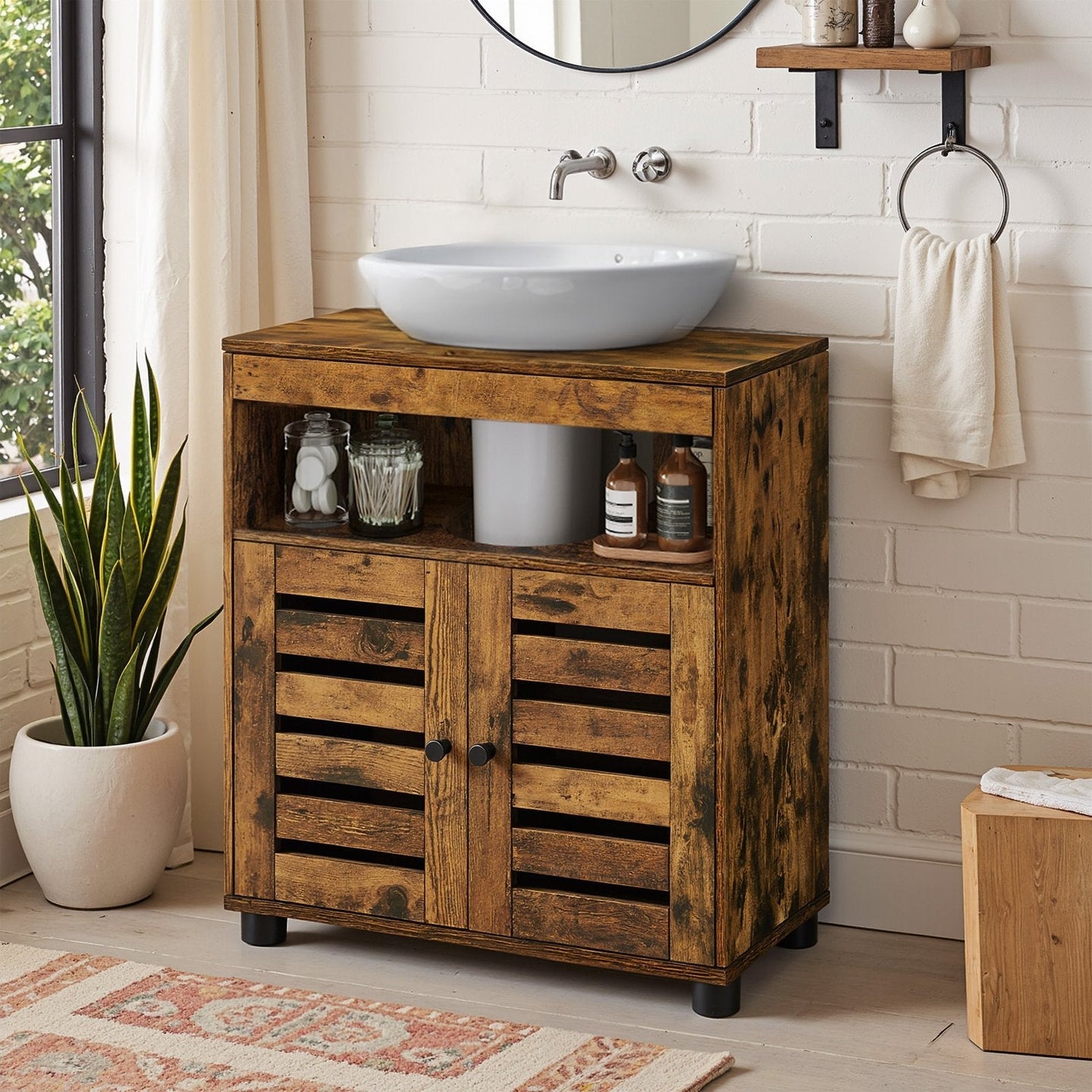 Bathroom Cabinet - Engineered Wood - Rustic Brown - Adjustable Shelf and Louvered Doors for Pedestal Sinks