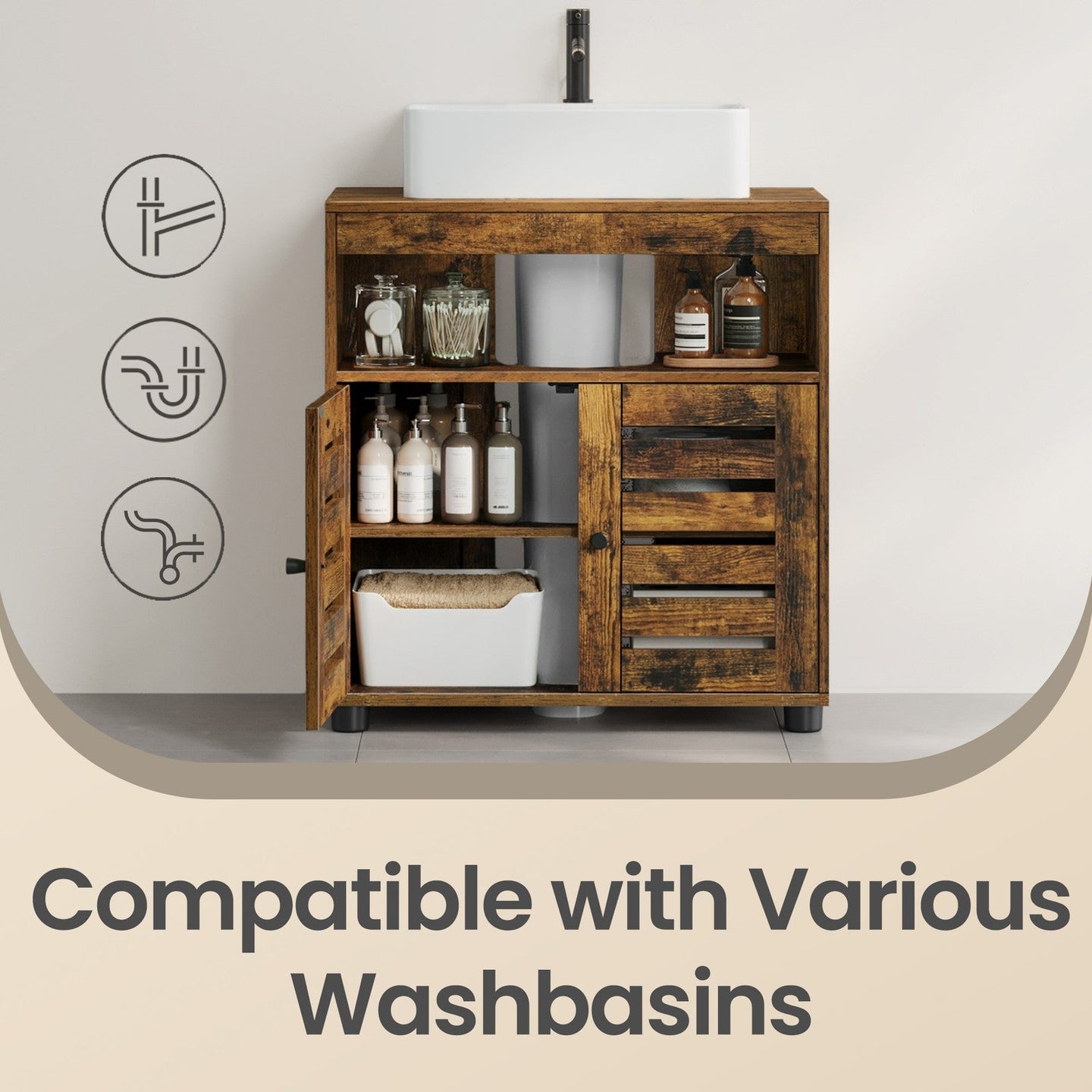 Bathroom Cabinet - Engineered Wood - Rustic Brown - Adjustable Shelf and Louvered Doors for Pedestal Sinks