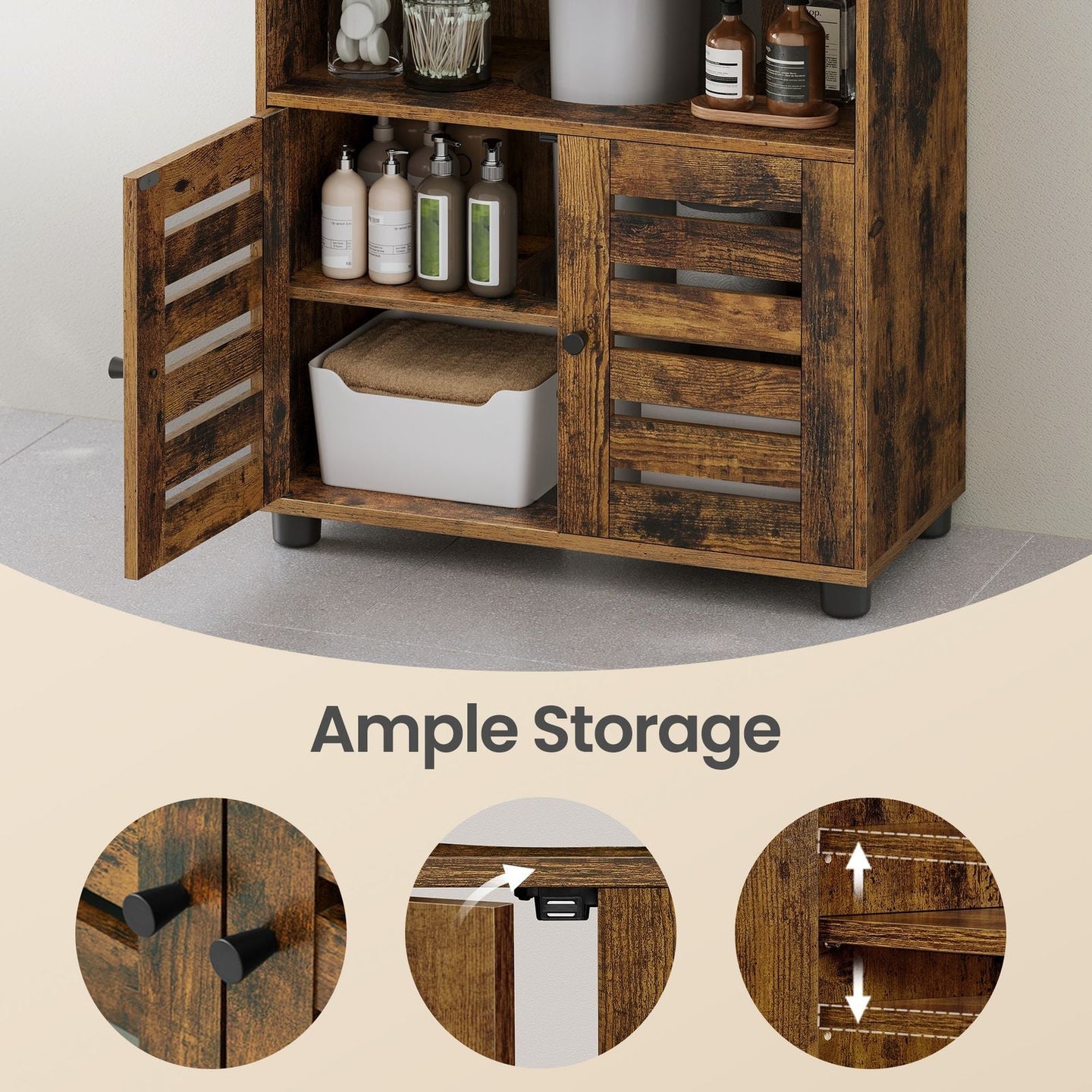Bathroom Cabinet - Engineered Wood - Rustic Brown - Adjustable Shelf and Louvered Doors for Pedestal Sinks