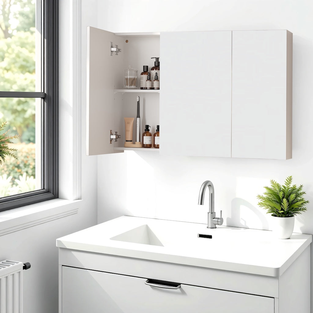 Wall Mirror Cabinet - Wood - White - Adjustable Shelves