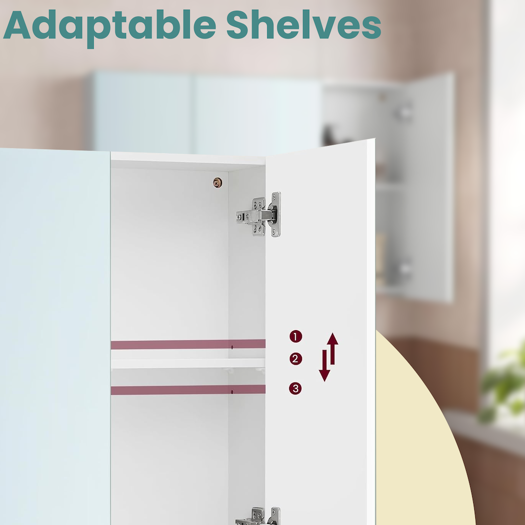 Wall Mirror Cabinet - Wood - White - Adjustable Shelves