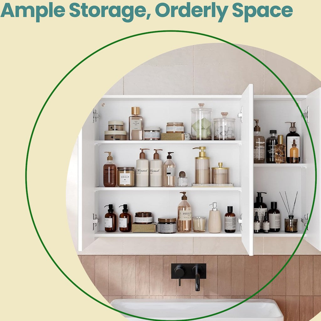 Wall Mirror Cabinet - Wood - White - Adjustable Shelves