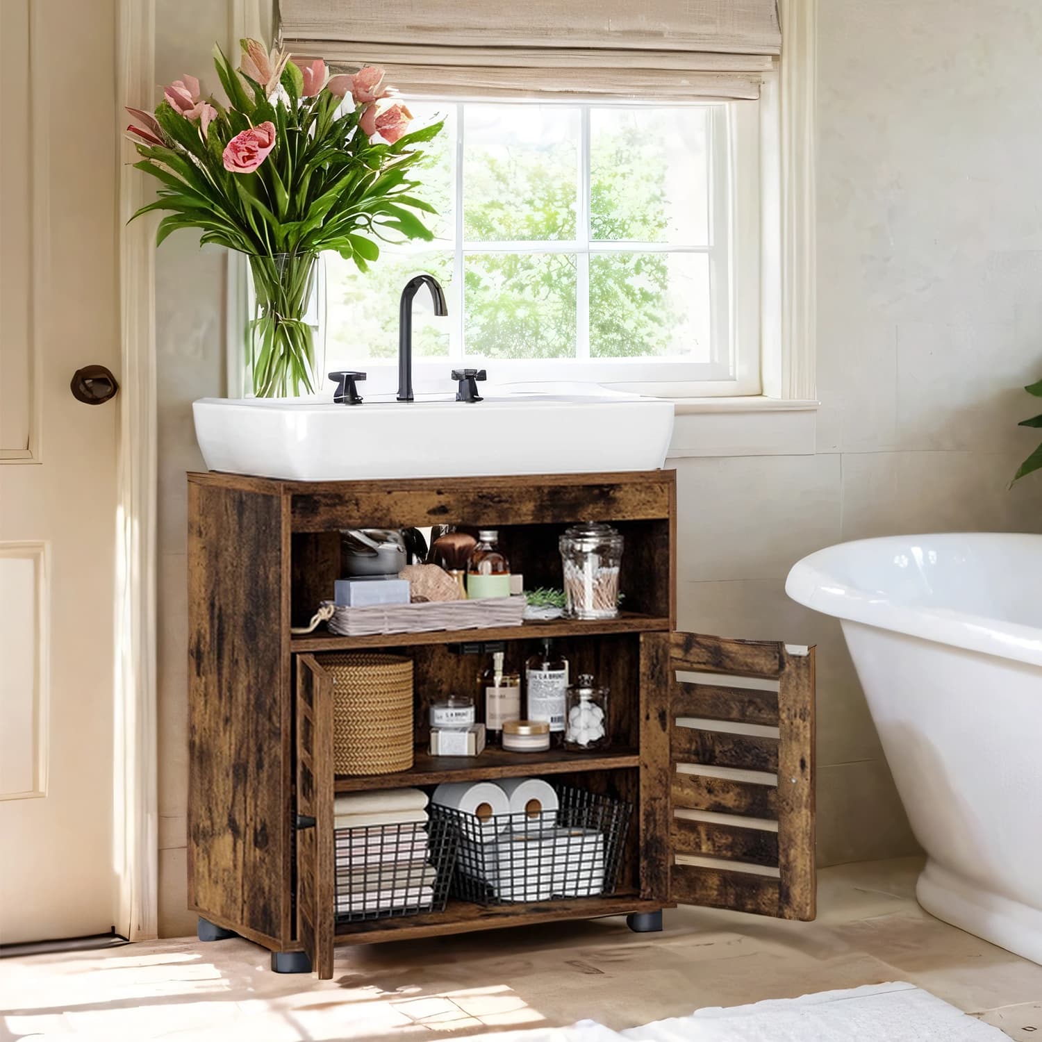 Bathroom Vanity Unit - Engineered Wood - Rustic Brown - 2-Door Design with Adjustable Shelf